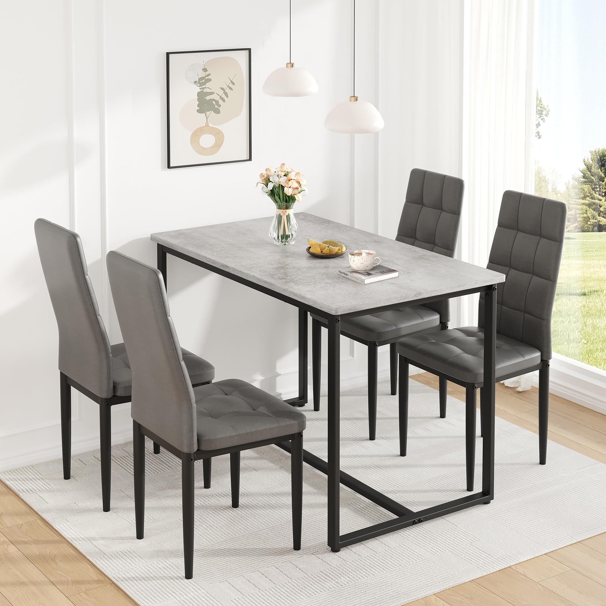 Alt View 1. paproos - Dining Table Set for 4, PVC Faux Marble Kitchen Table Chairs Set of 4 with Upholstered PU Leather, Easy to Maintain - Grey.
