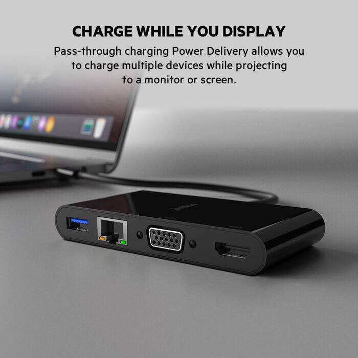CHARGE WHILE YOU DISPLAY  
Pass-through charging Power Delivery allows you to charge multiple devices while projecting to a monitor or screen.
