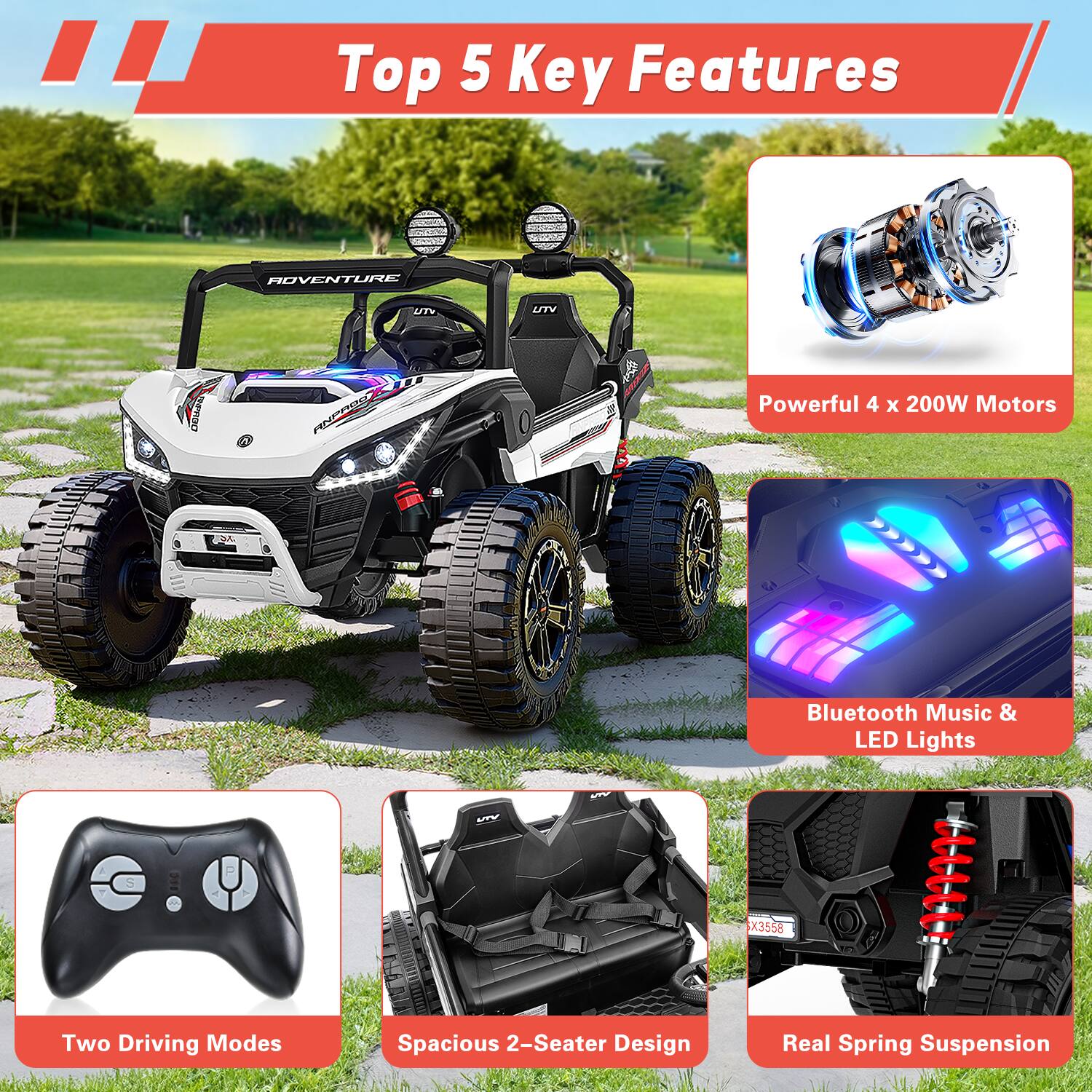 Top 5 Key Features

- Powerful 4 x 200W Motors
- Bluetooth Music & LED Lights
- Two Driving Modes
- Spacious 2-Seater Design
- Real Spring Suspension