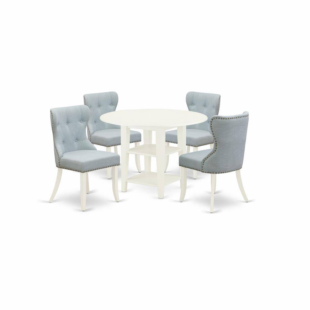 Left. East West Furniture - East-West Furniture SUSI5-LWH-15 - A dinette set of 4 wonderful parson dining chairs with Linen Fabric Baby Blue color - Linen White.