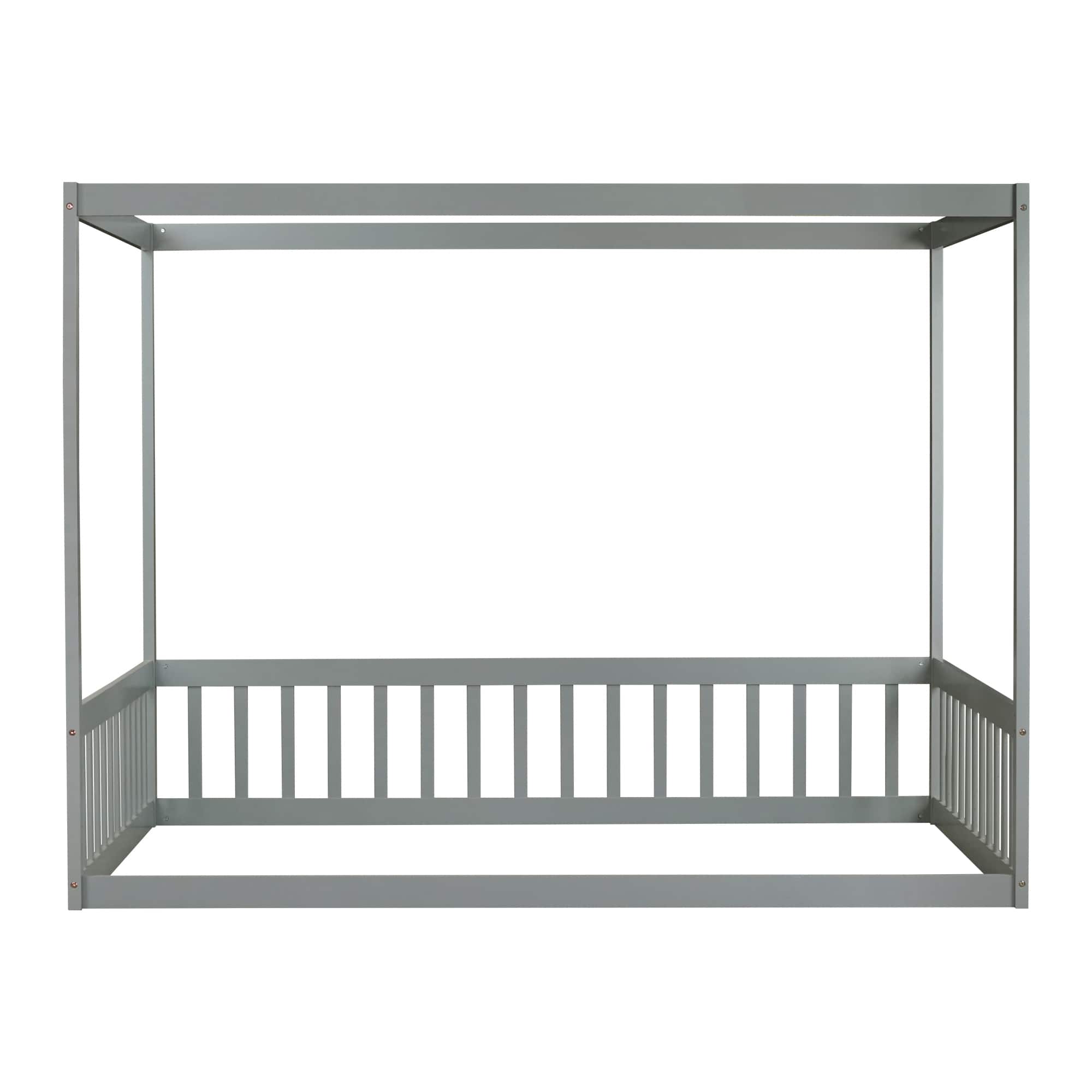 GOODSILO - Full Size Canopy Frame Floor Bed with Safety Guardrails - Gray