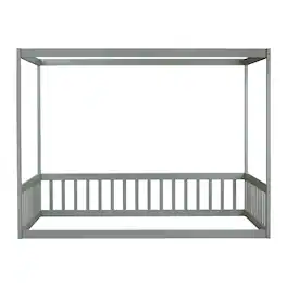 GOODSILO - Full Size Canopy Frame Floor Bed with Safety Guardrails - Gray
