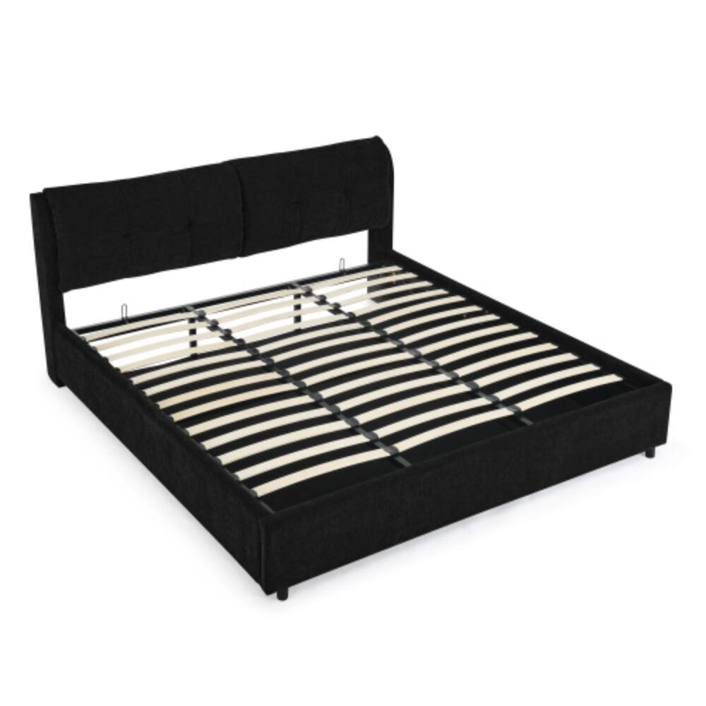 Alt View 1. LUCKY ONE - King Size Storage Upholstered Hydraulic Platform Bed with Integrated Headboard, Chenille Fabric, No Box Spring Needed - Black.