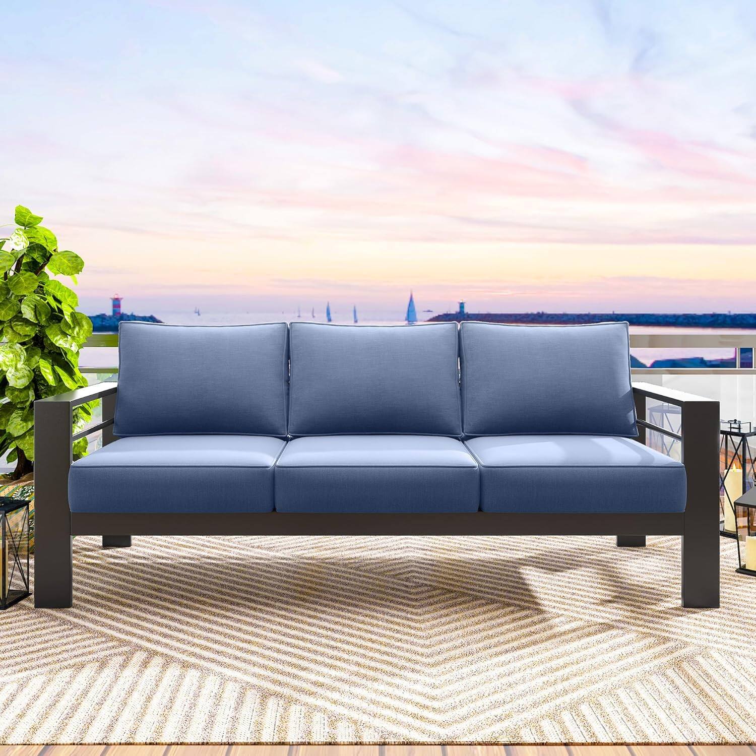 Left. Mondawe - 73" 3 Seat Outdoor Aluminum Patio Sofa with Cushions - Black+Blue.