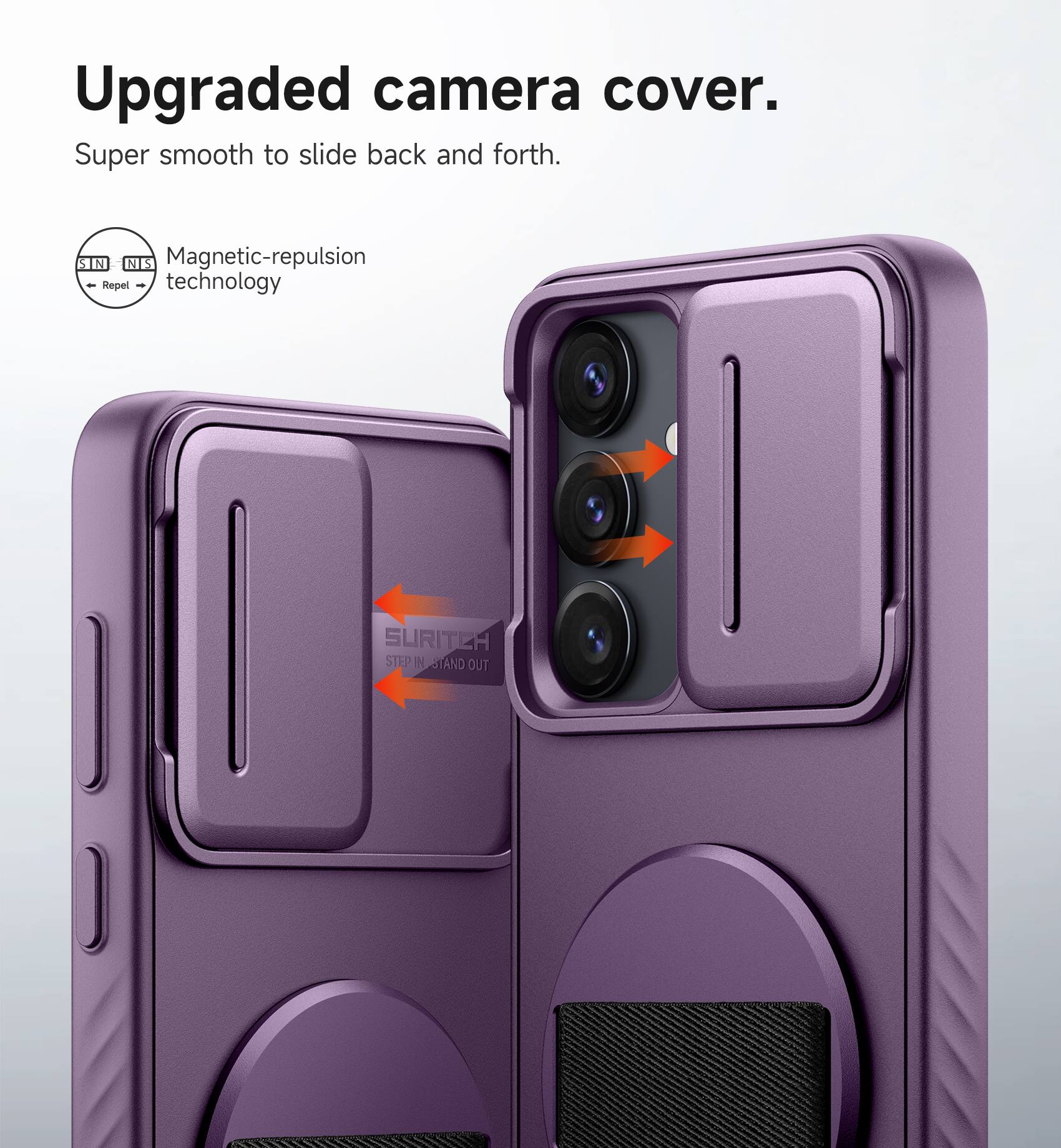 Upgraded camera cover.  
Super smooth to slide back and forth.  
Magnetic-repulsion - Repel technology  
SURITCH STEP IN STAND OUT