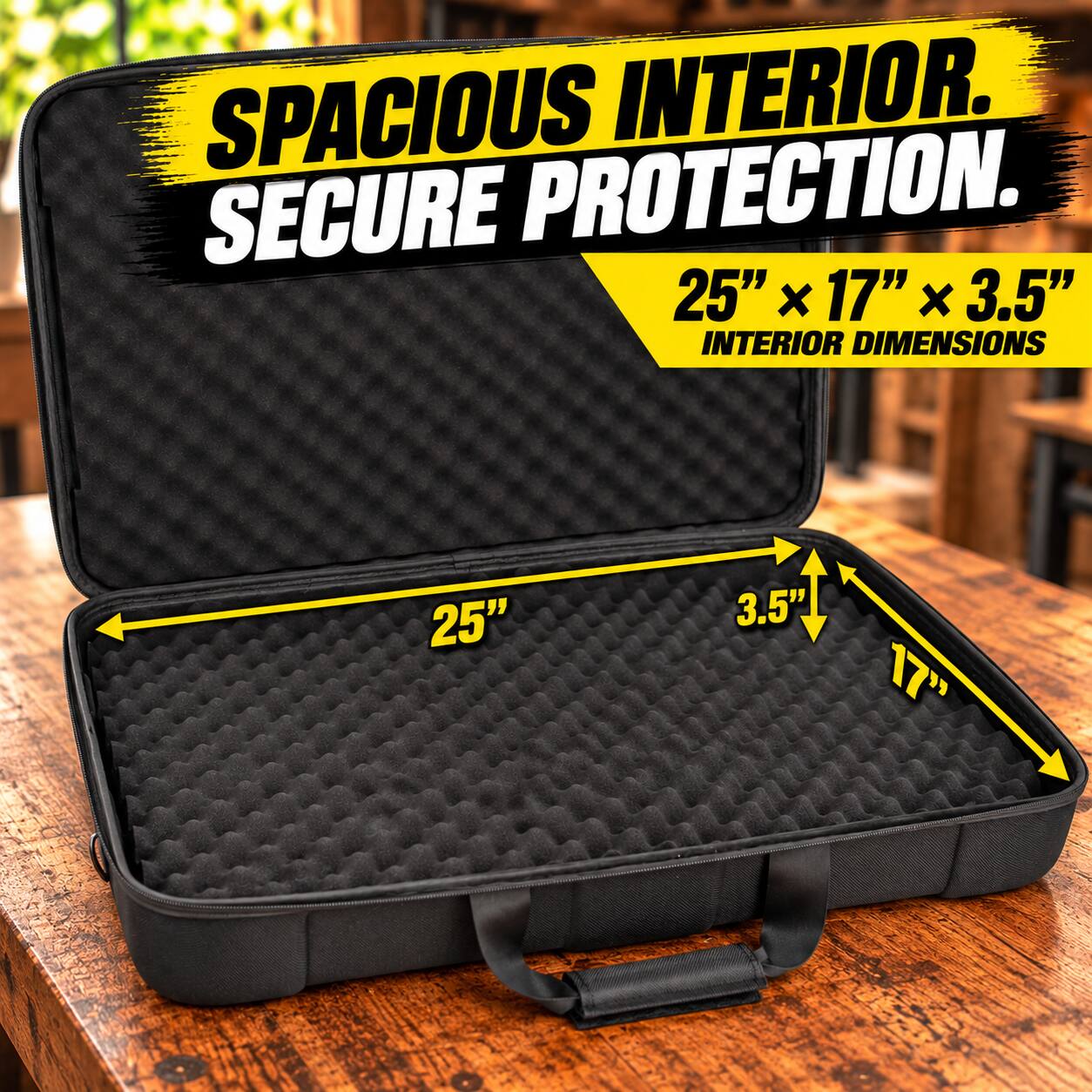 SPACIOUS INTERIOR. SECURE PROTECTION.  
25" X 17" X 3.5" INTERIOR DIMENSIONS
