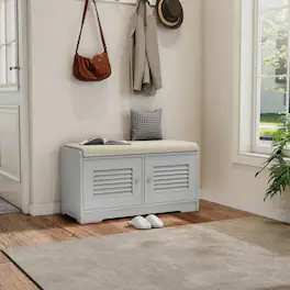 TinyHomie - 28.74in Shoe Storage Bench with 2 Door Cabinet Grey Shoe Storage Shoe Bench with Cushion Adjustable Shelves - Gray