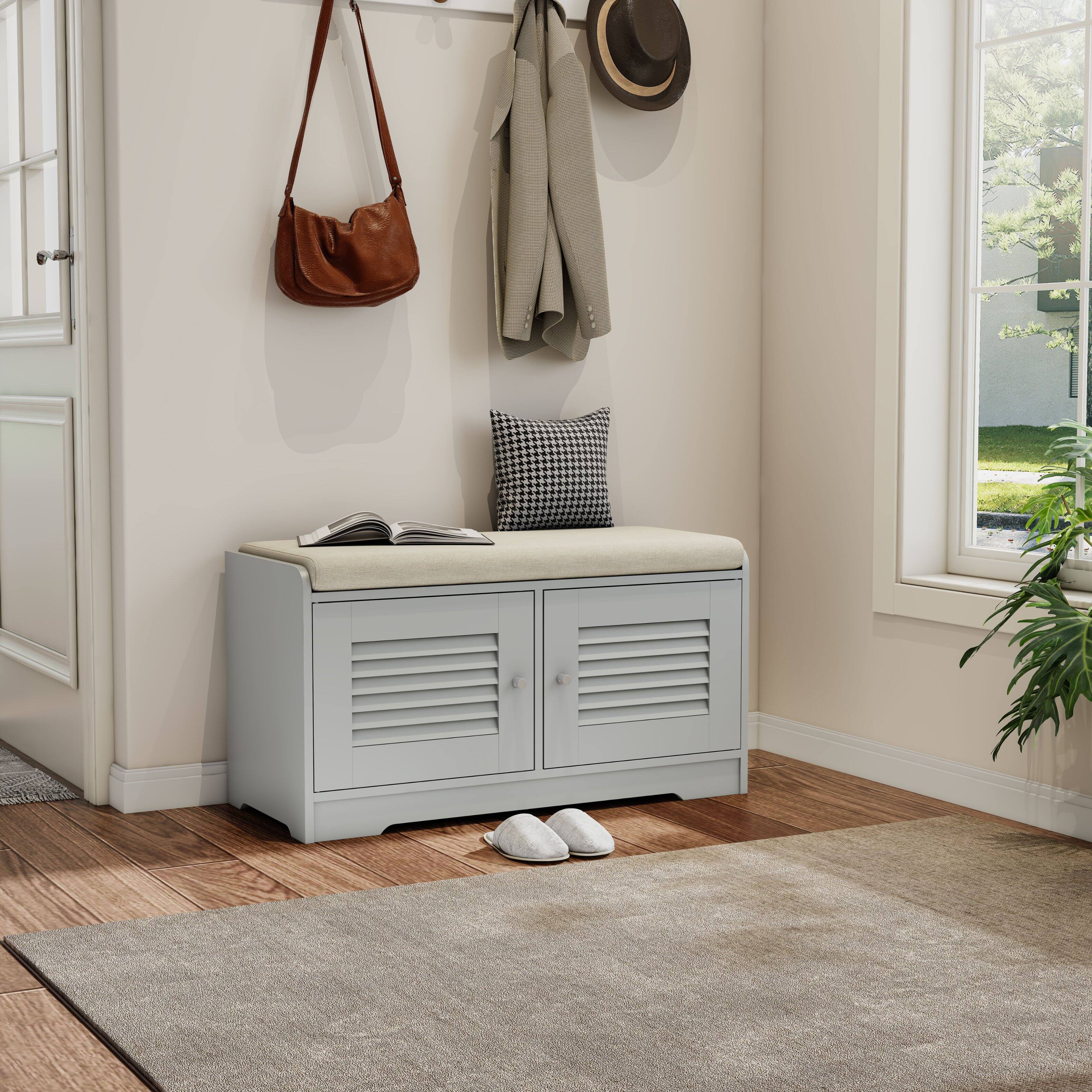 Front. TinyHomie - 28.74in Shoe Storage Bench with 2 Door Cabinet Grey Shoe Storage Shoe Bench with Cushion Adjustable Shelves - Grey.