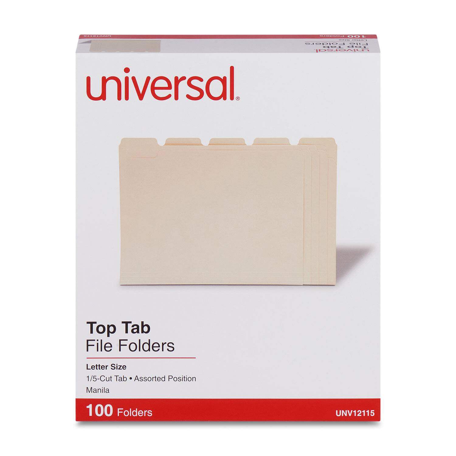 Universal  
Top Tab File Folders  
Letter Size  
1/5-Cut Tab • Assorted Position  
Manila  
100 Folders  
UNV12115