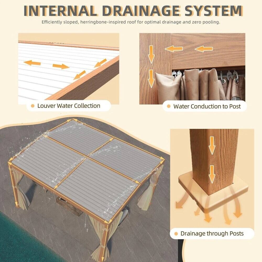 INTERNAL DRAINAGE SYSTEM  
Efficiently sloped, herringbone-inspired roof for optimal drainage and zero pooling.

- Louver Water Collection
- Water Conduction to Post
- Drainage through Posts