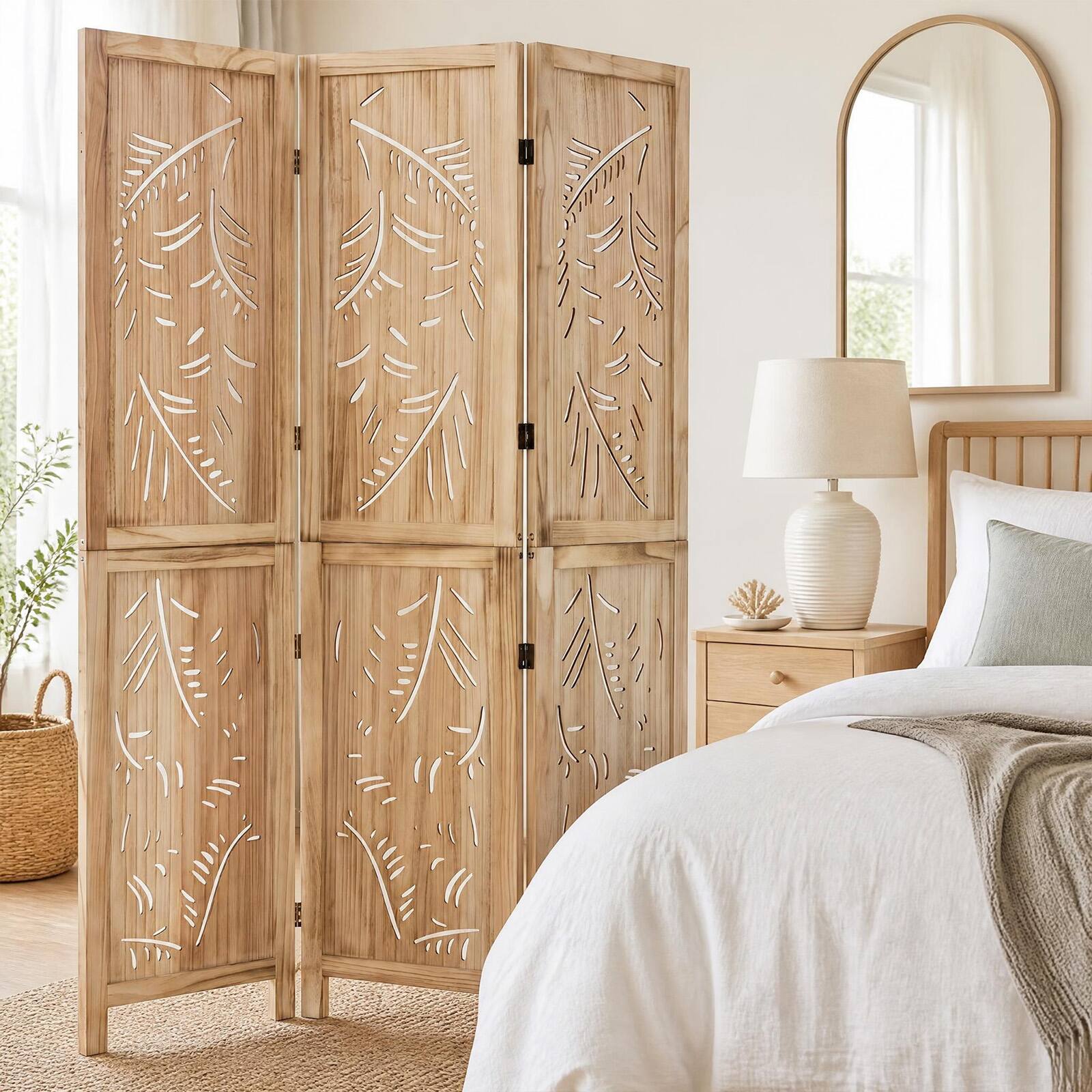 Alt View 4. Costway - Costway 3-Panel Wooden Room Divider Privacy Screen with Palm Leaf Design Panels for Home - Natural.