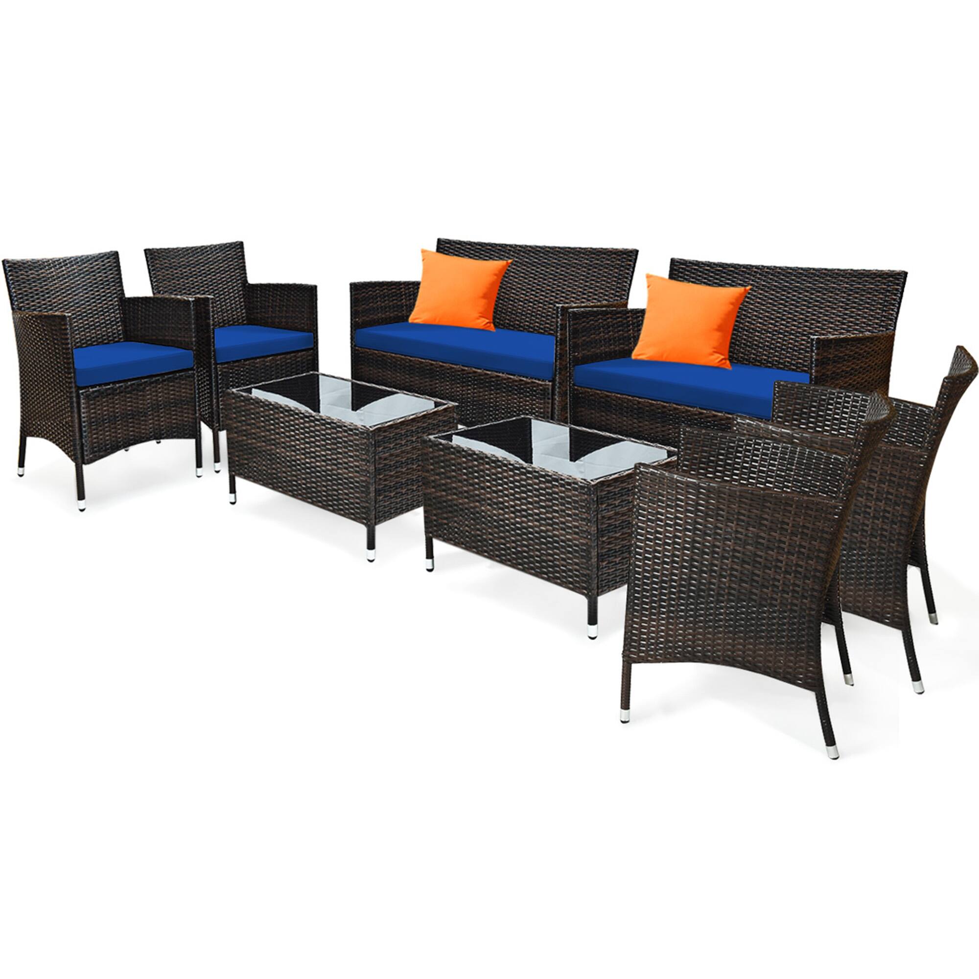 Alt View 1. Gymax - Gymax 8PCS Patio Rattan Conversation Furniture Set Outdoor w/ Navy Cushion - Navy.