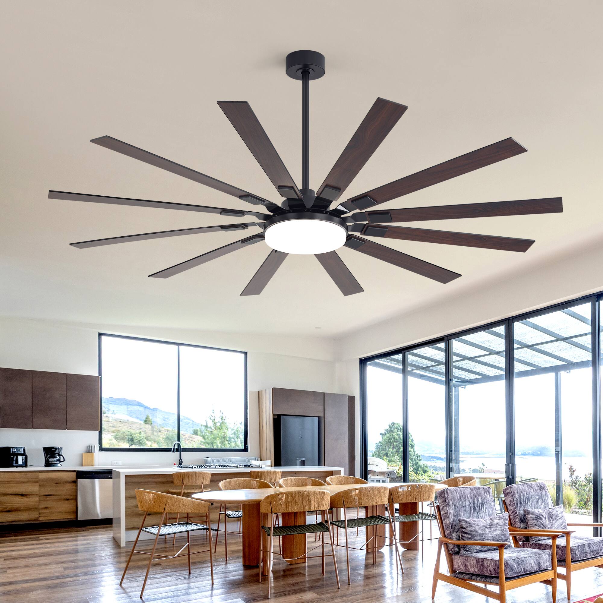 Front. Breezary - 72-Inch Ceiling Fan with LED Light, 12-Blade Design, DC Motor, Reversible Airflow, 6 Speeds, Timer and Remote Control - Black and Walnut.