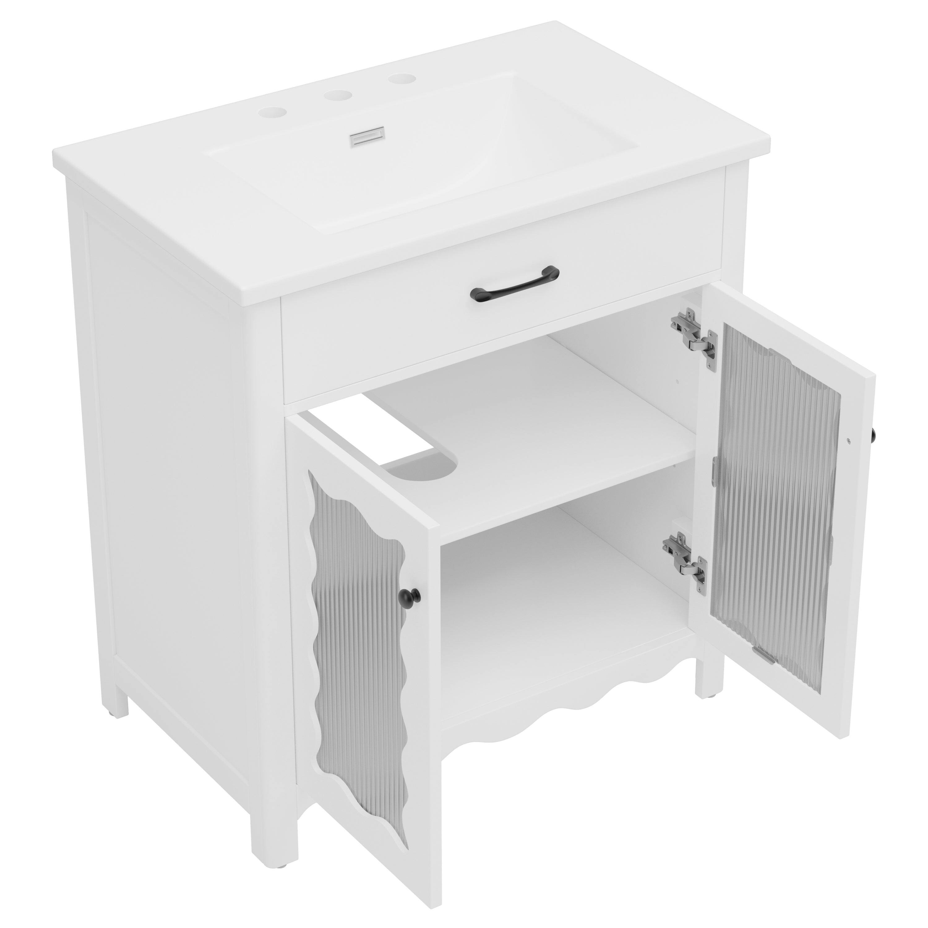Left. Boyel Living - 31 Inch Bathroom Vanity with Tempered Glass Modern Cabinet Rubber Wood Legs Soft Close Doors White - White.