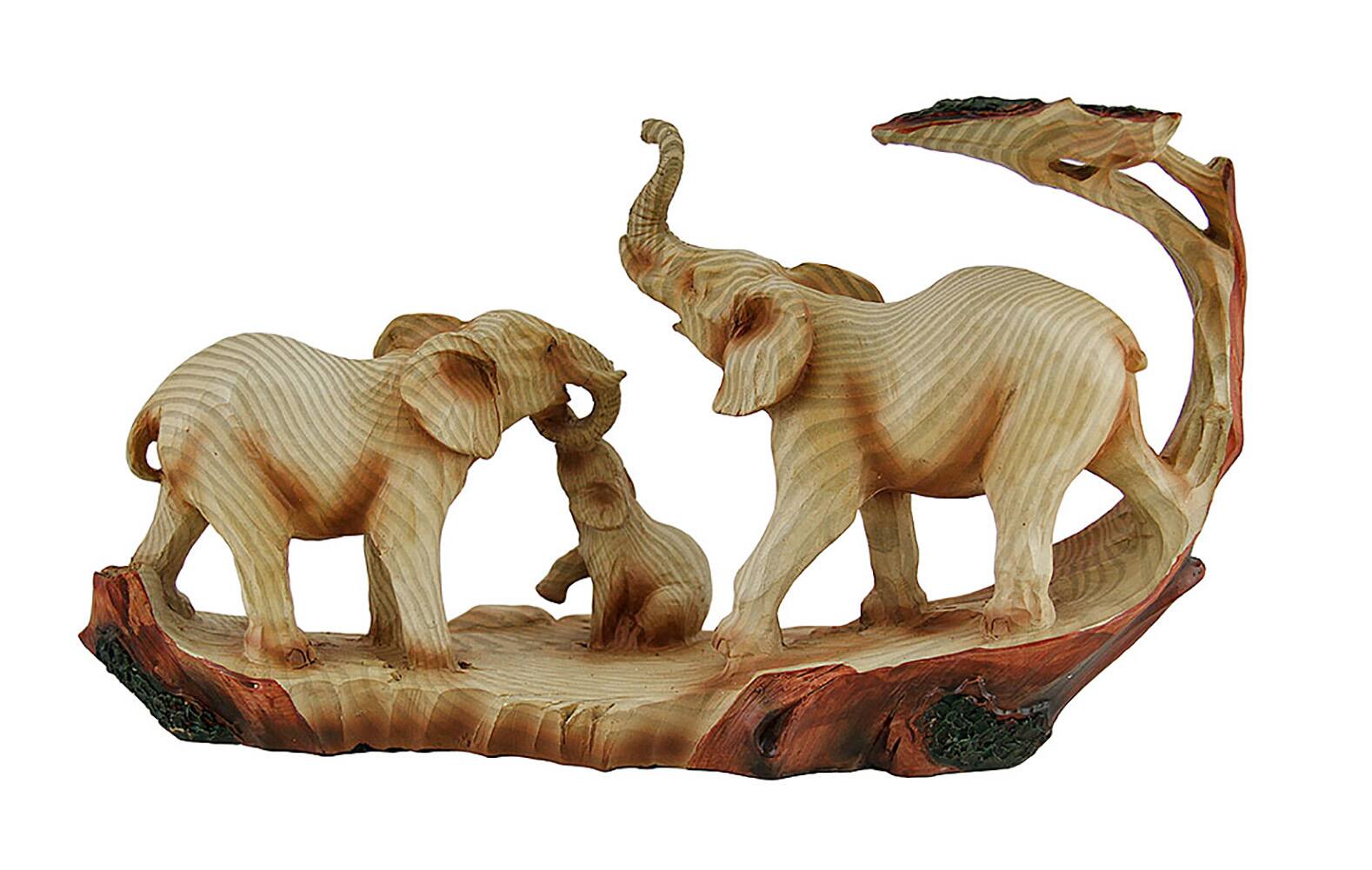 Alt View 2. Zeckos - Elephant Family Safari Carved Wood Look Decorative Statue - Beige.