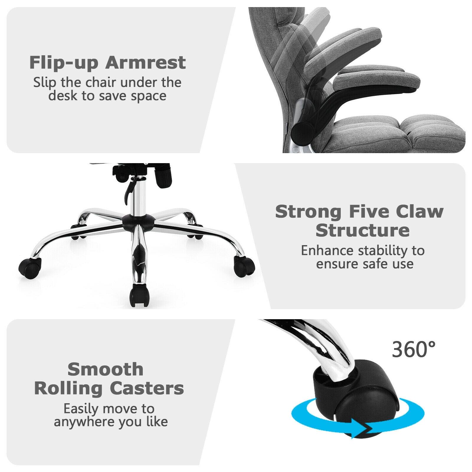 Flip-up Armrest  
Slip the chair under the desk to save space

Strong Five Claw Structure  
Enhance stability to ensure safe use

Smooth Rolling Casters  
Easily move to anywhere you like

360°