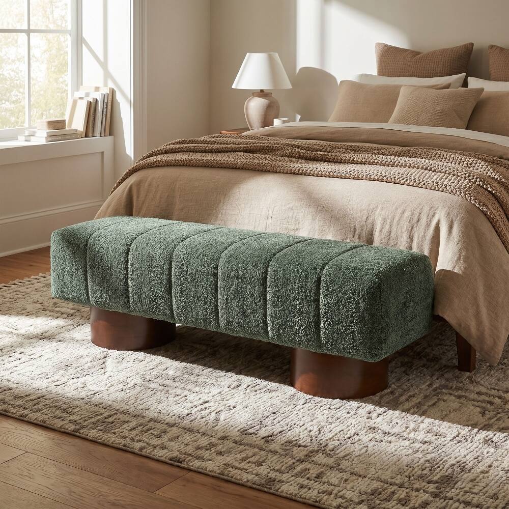 Left. Ropilly - Ropilly Green Boucle Upholstered Dining Bench Modern Accent Indoor Seating Channel Tufted Wood Frame - Green.