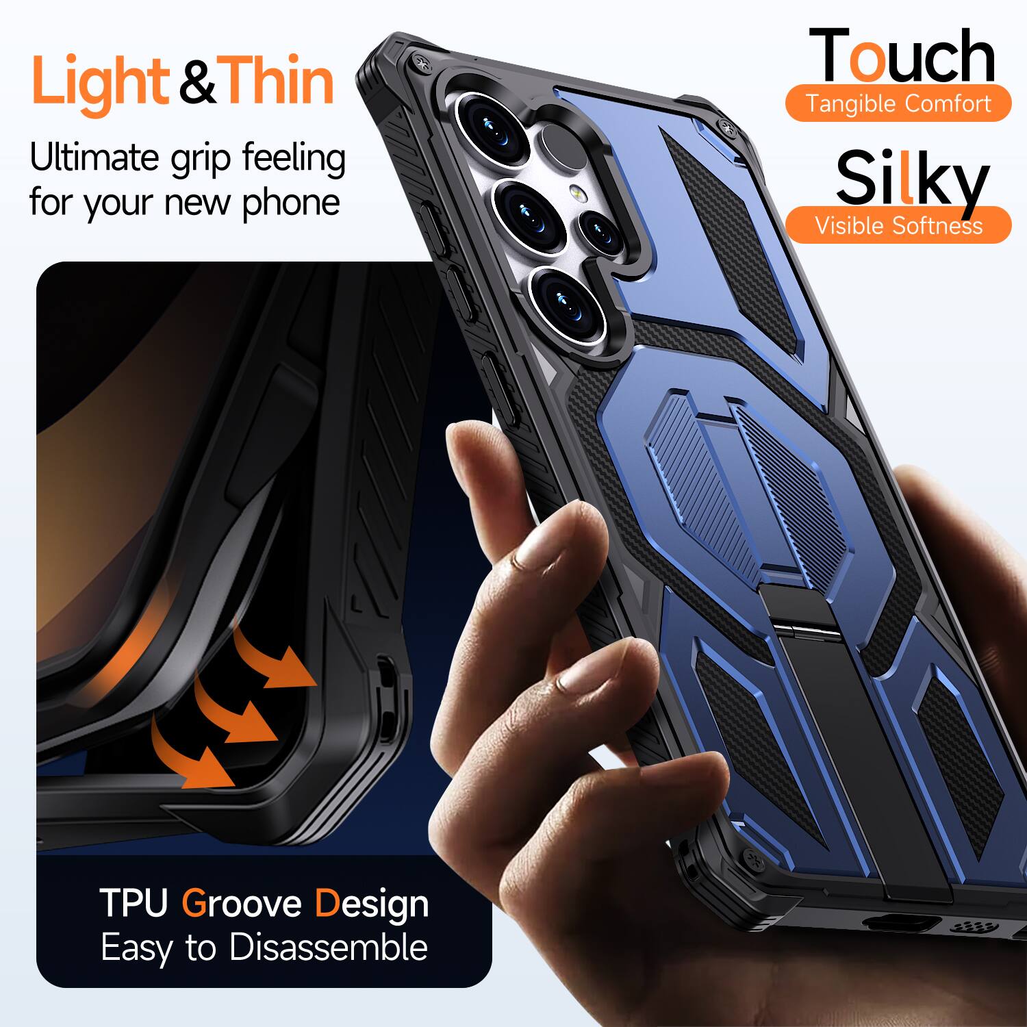 Light & Thin  
Ultimate grip feeling for your new phone  

Touch  
Tangible Comfort  

Silky  
Visible Softness  

TPU Groove Design  
Easy to Disassemble