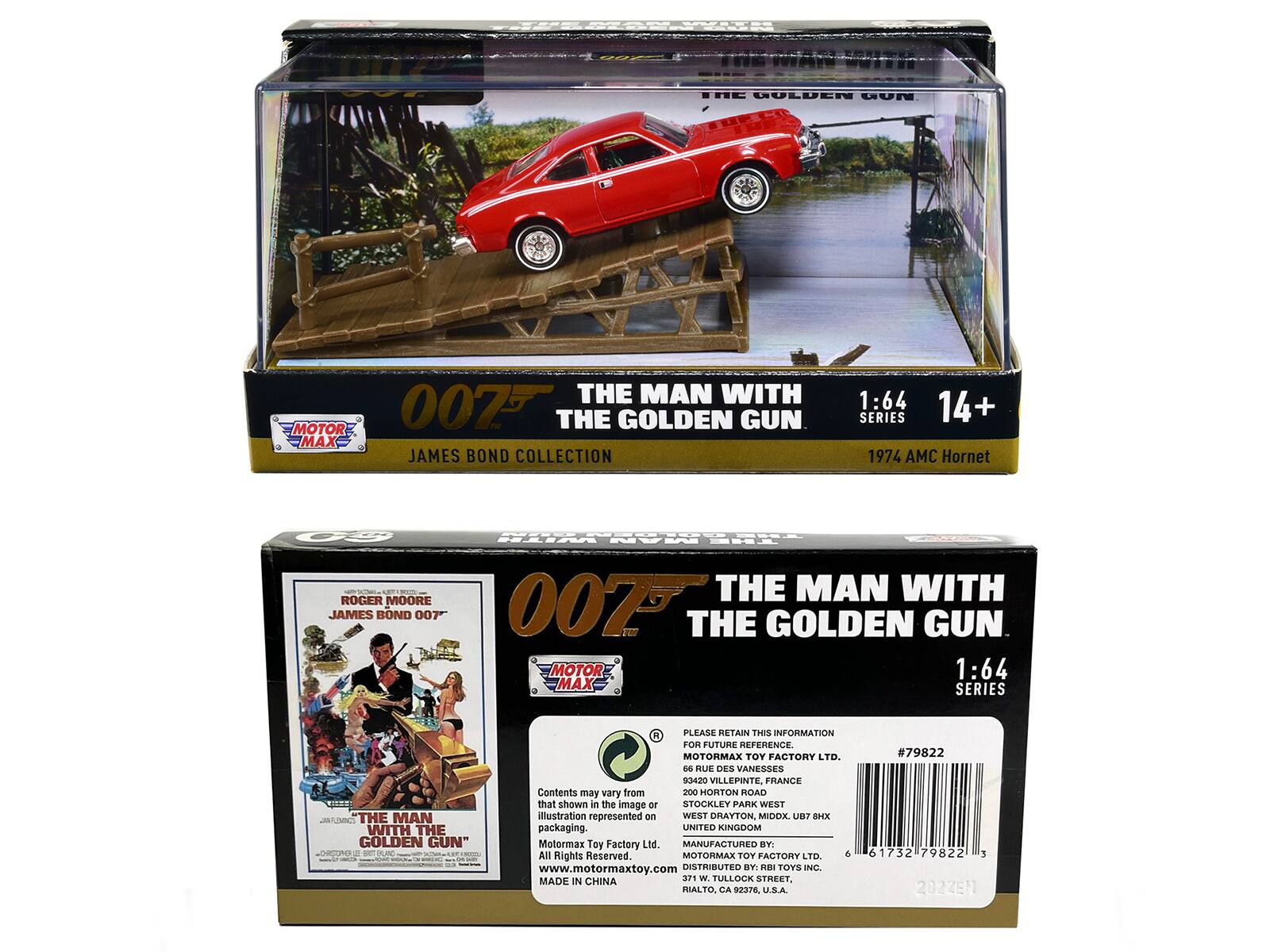 **Top Box:**

- 007 THE MAN WITH THE GOLDEN GUN
- JAMES BOND COLLECTION
- 1:64 SERIES
- 14+
- 1974 AMC Hornet
- MOTOR MAX
- Contents may vary from the image or illustration represented on packaging.
- Motormax Toy Factory Ltd.
- www.motormaxtoy.com
- MADE IN CHINA
- #79822
- 61732 79822 3 2022EN

**Bottom Box:**

- 007 THE MAN WITH THE GOLDEN GUN
- JAMES BOND COLLECTION
- 1:64 SERIES
- 14+
- 1974 AMC Hornet
- MOTOR MAX
- PLEASE RETAIN THIS INFORMATION FOR FUTURE REFERENCE
- Motormax Toy Factory Ltd.
- 66 RUE DES VANESSES 3420 VILLEPINTE, FRANCE
- Contents may vary from the image or illustration represented on packaging.
- Motormax Toy Factory Ltd.
- www.motormaxtoy.com
- MADE IN CHINA
- #798