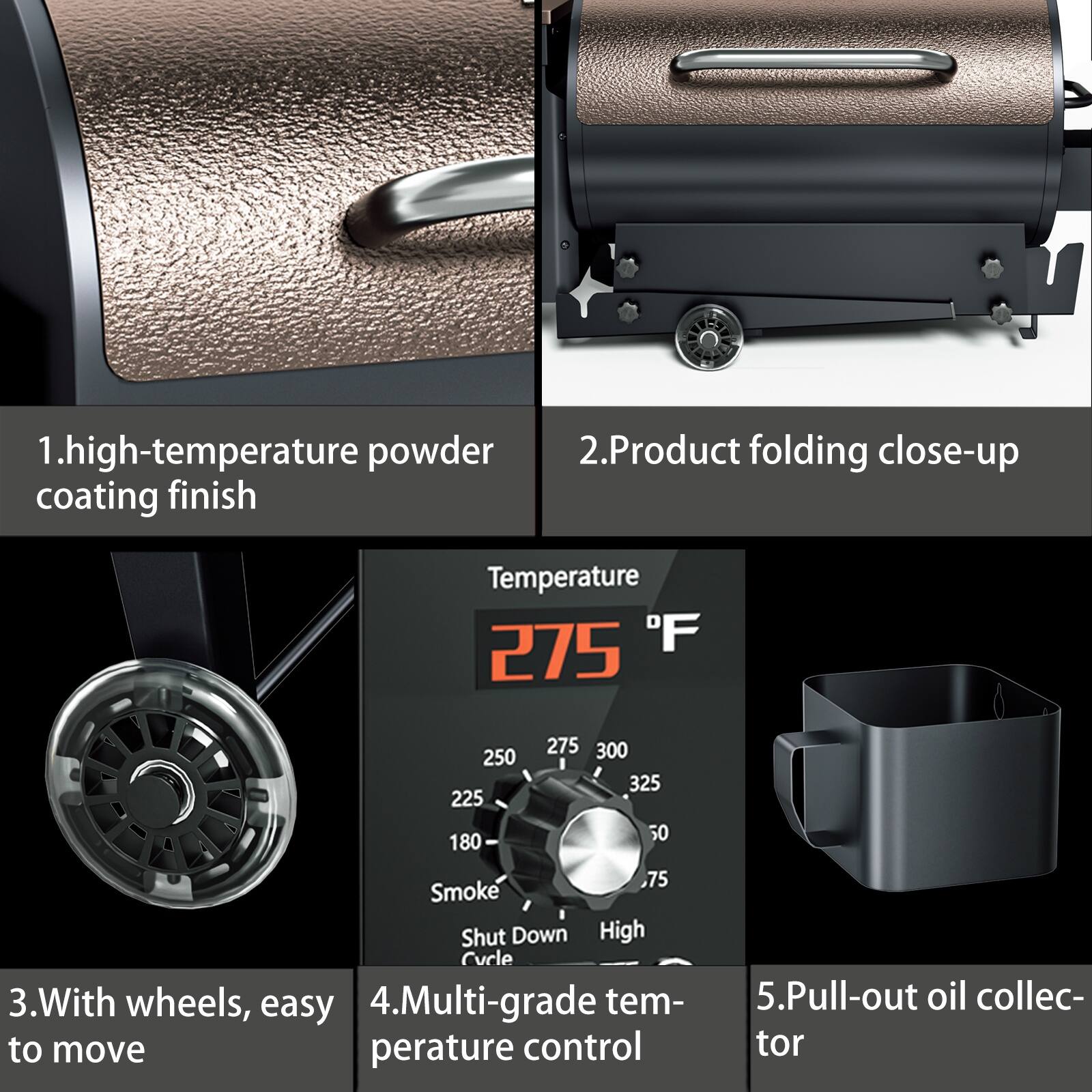 1. High-temperature powder coating finish  
2. Product folding close-up  
3. With wheels, easy to move  
4. Multi-grade temperature control  
5. Pull-out oil collector