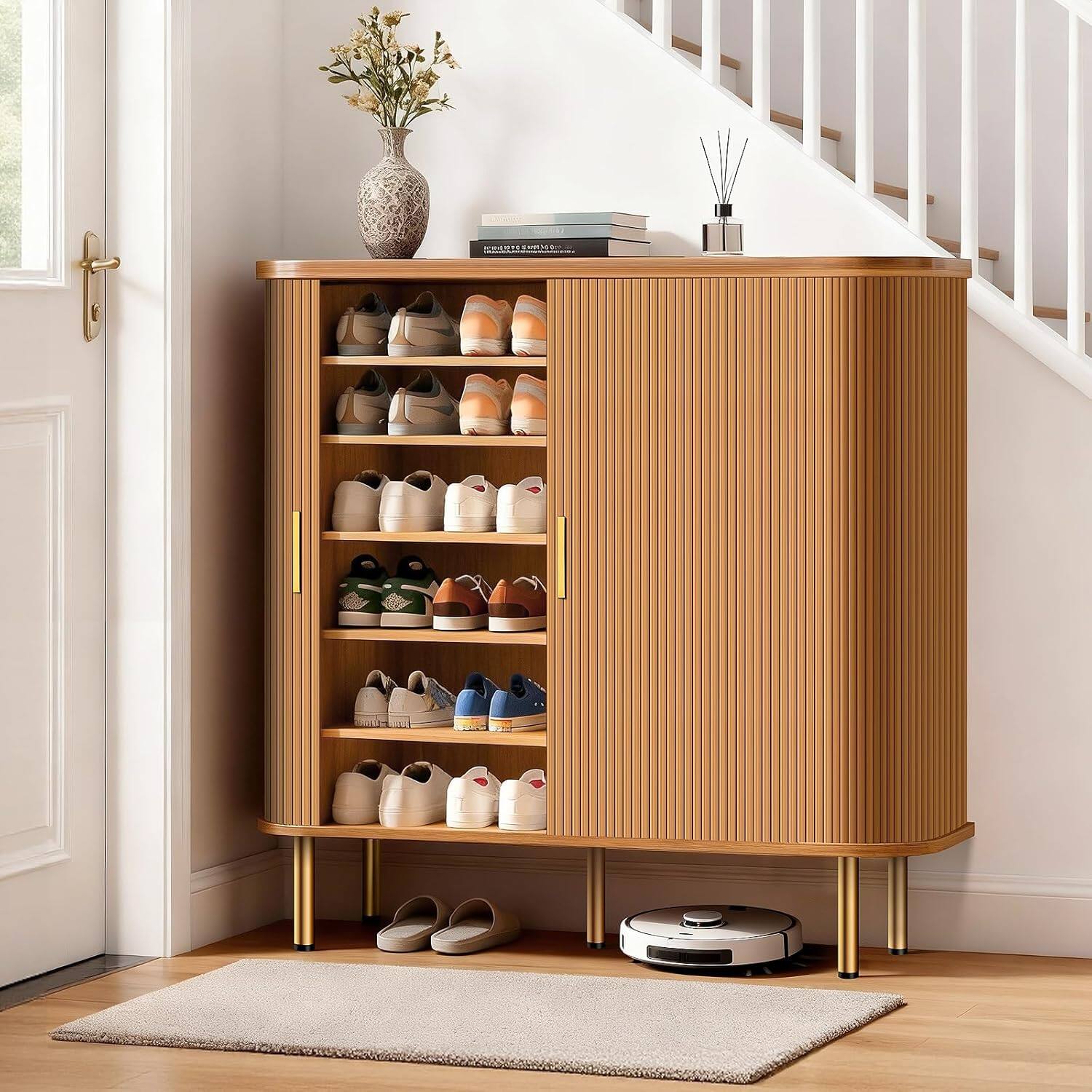 Left. Tiramisubest - 47" 6-Tier Shoe Storage Cabinet with Sliding Door and Adjustable Shelves,Mid-Century Freestanding Shoe Storage Organizer - Yellow.