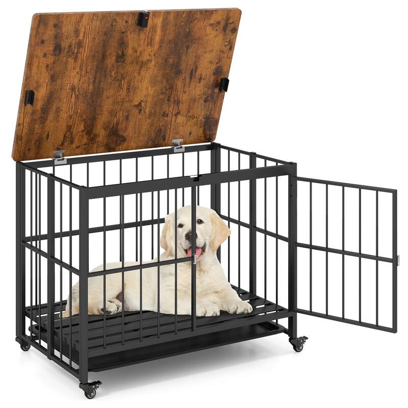 Alt View 5. WELLFOR - 38" Foldable Dog Crate Furniture with Removable Tray and Lockable Door, Heavy Duty Metal Dog Cage Dog Kennel - Black.