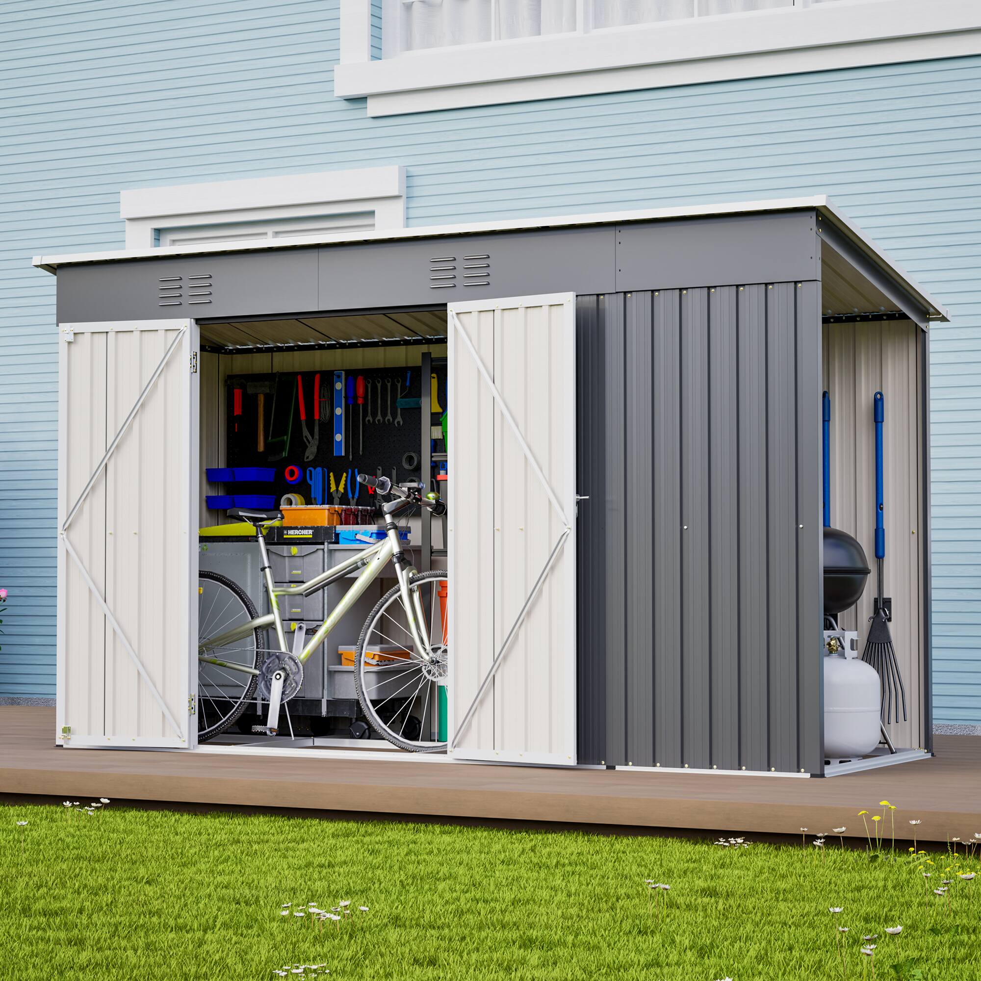 Alt View 6. Loheer - Loheer 10x4 Outdoor Metal Storage Shed for Garden Tools with Floor Frame and Lockable Door Grey Backyard Utility Shed.