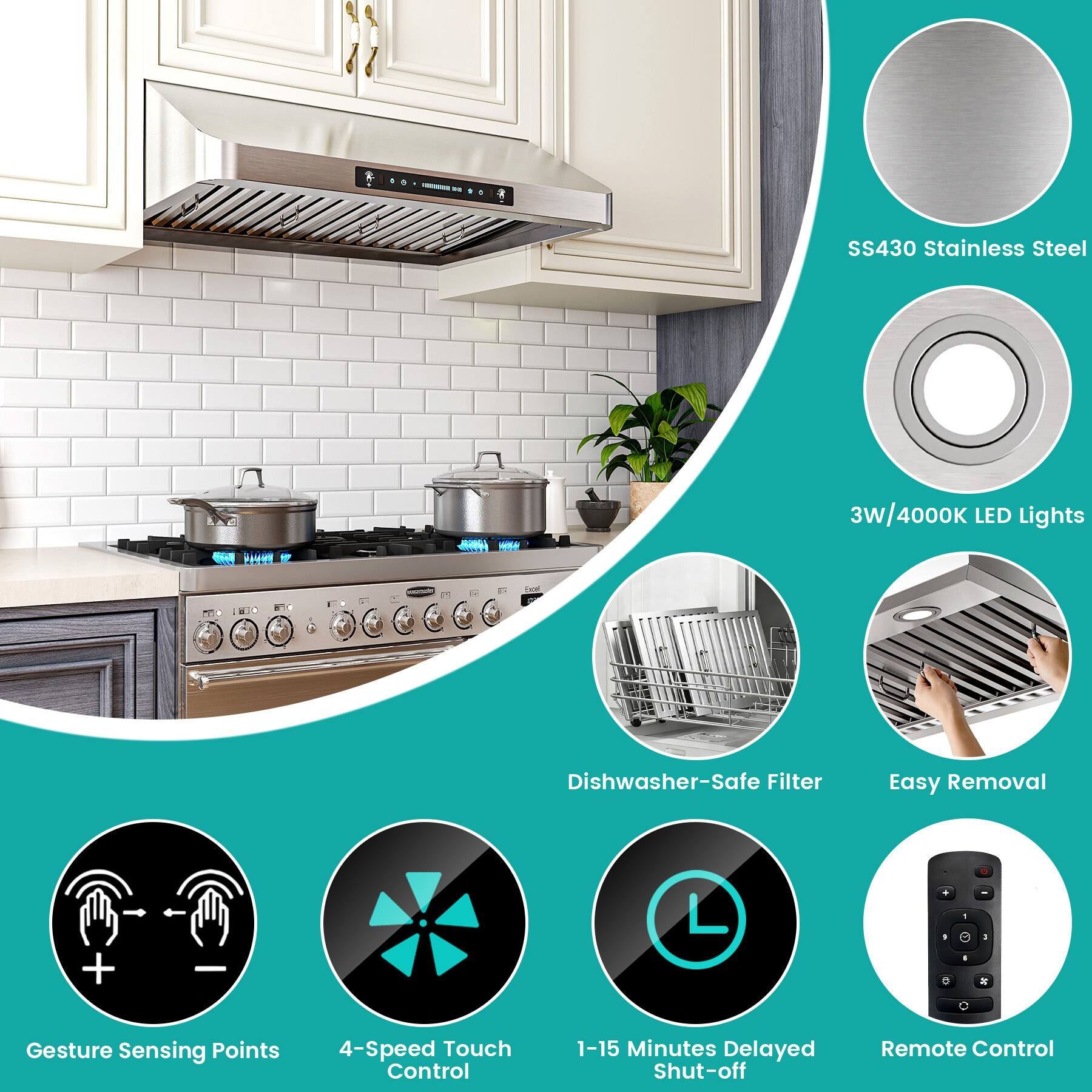 SS430 Stainless Steel  
3W/4000K LED Lights  
Dishwasher-Safe Filter  
Easy Removal  
Gesture Sensing Points  
4-Speed Touch Control  
1-15 Minutes Delayed Shut-off  
Remote Control