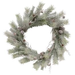 BreeBe - Snowy Bristle Pine & Boughs Wreath - 24" - Green, Brown, White