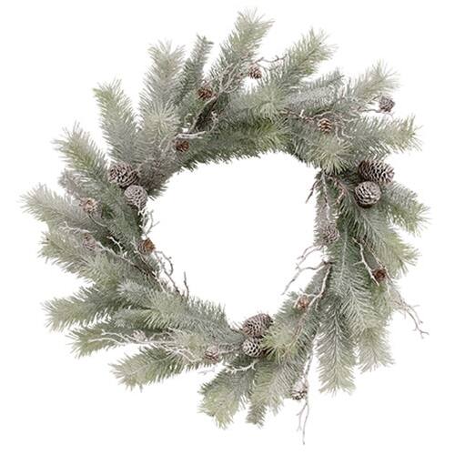 Front. BreeBe - Snowy Bristle Pine & Boughs Wreath - 24" - Green, Brown, White.