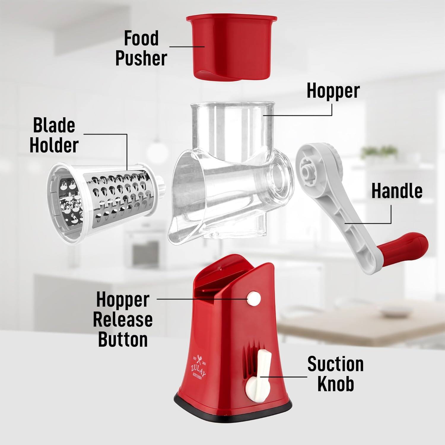 Blade Holder  
Food Pusher  
Hopper  
Handle  
Hopper Release Button  
Suction Knob