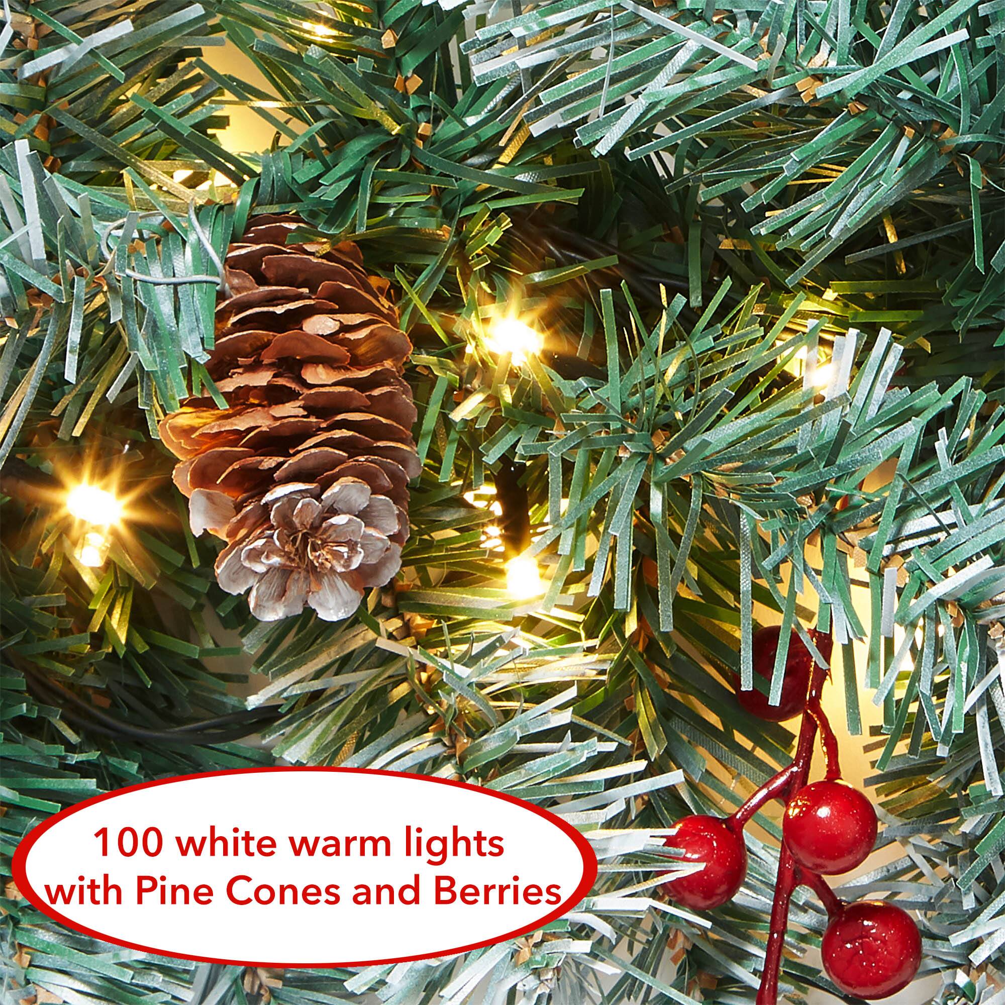 100 white warm lights with Pine Cones and Berries