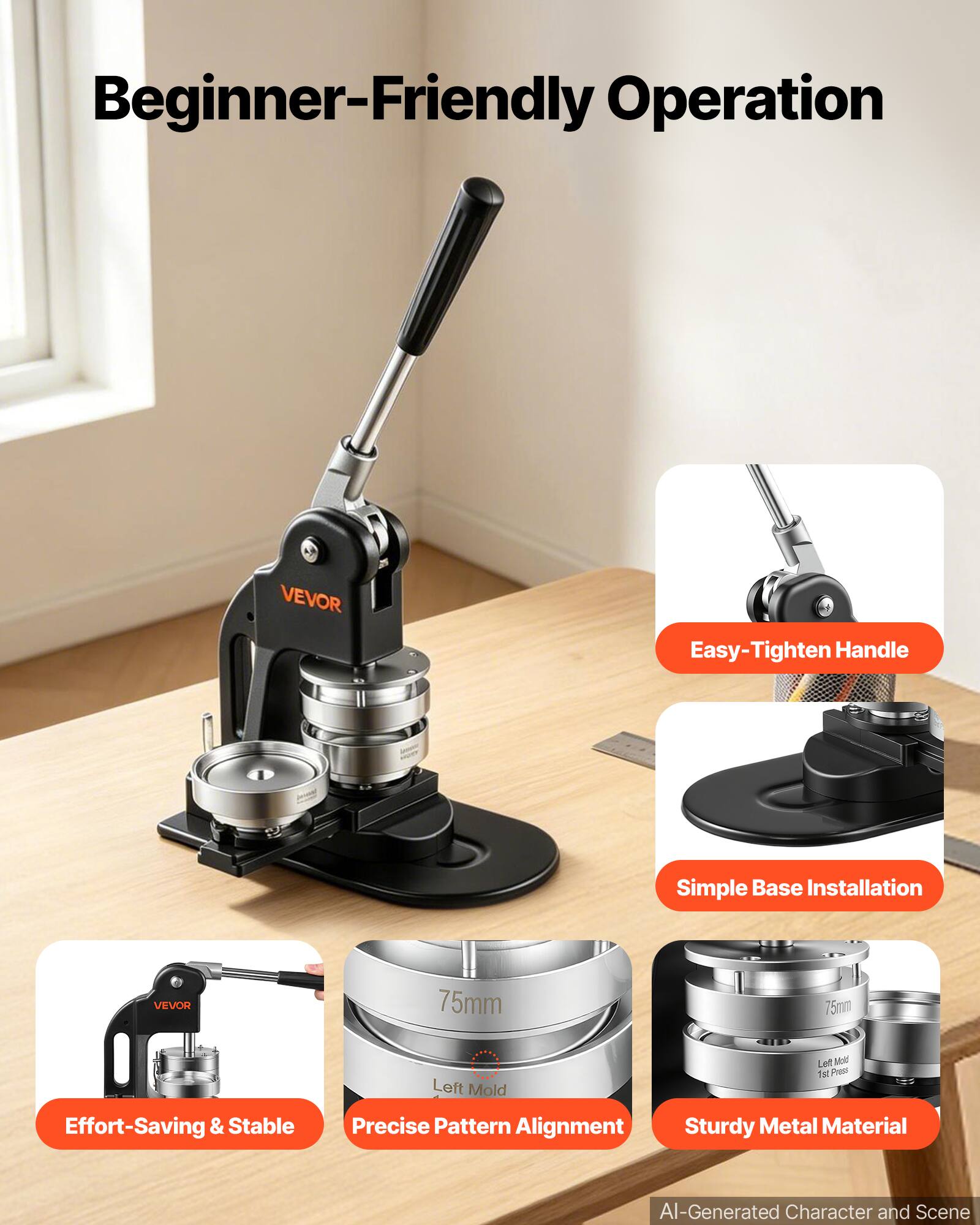 Beginner-Friendly Operation

VEVOR

Easy-Tighten Handle

Simple Base Installation

VEVOR

75mm

75mm

Left Mold

Left Mold 1st Press

Effort-Saving & Stable

Precise Pattern Alignment

Sturdy Metal Material

AI-Generated Character and Scene