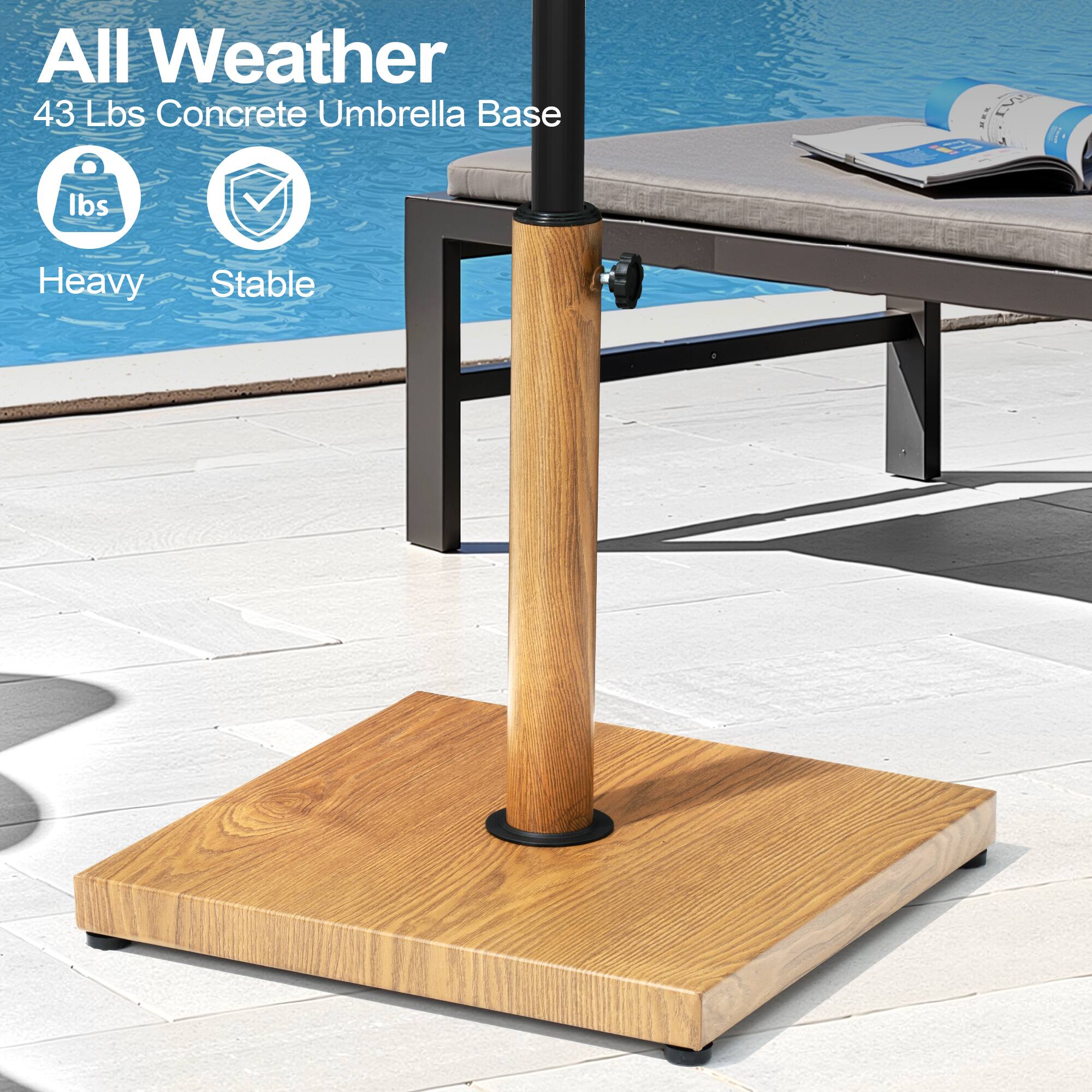 All Weather  
43 Lbs Concrete Umbrella Base  
Heavy  
Stable