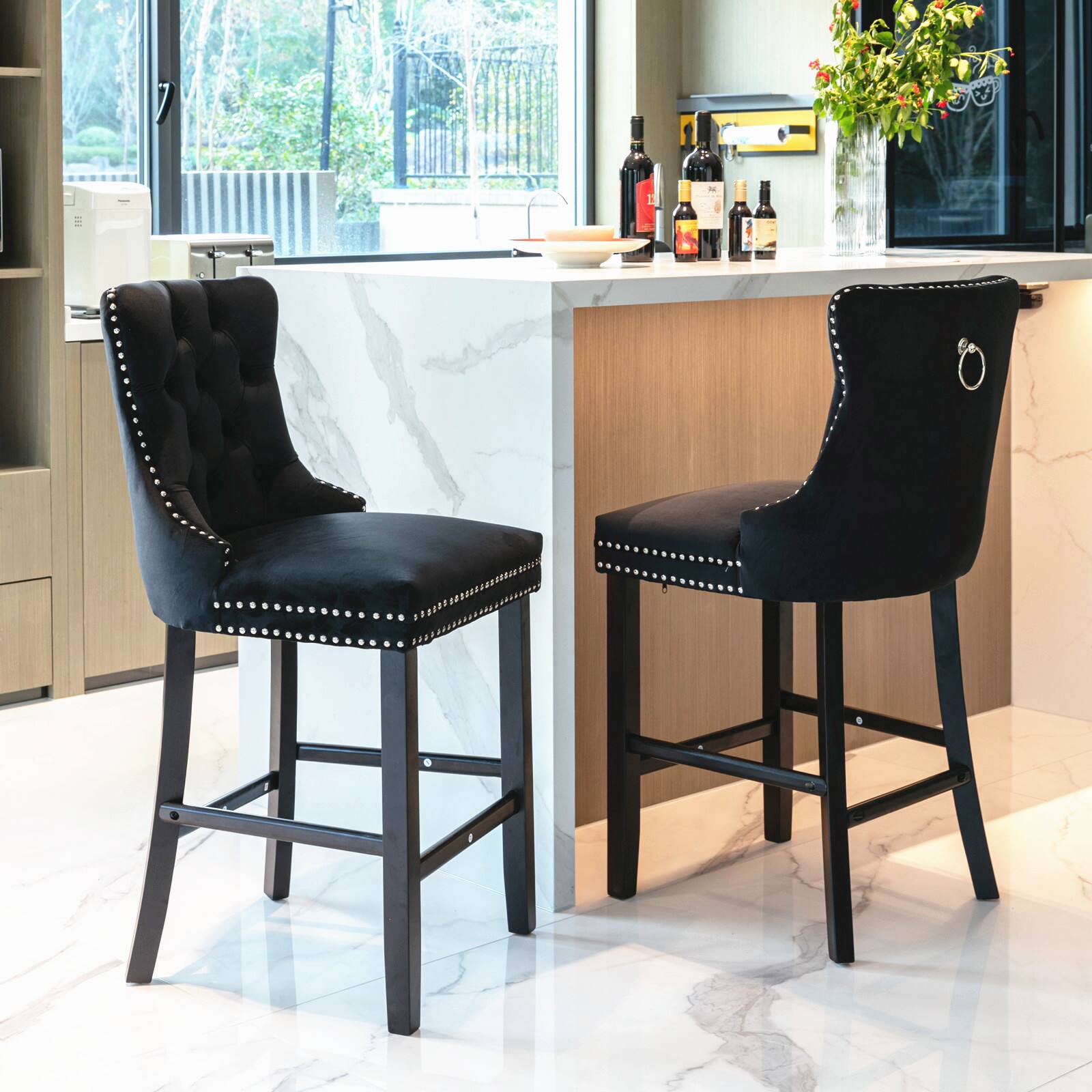 Front. TinyHomie - Contemporary Velvet Upholstered Barstools with Button Tufted Decoration and Wooden Legs Set of 2 Black - Black.