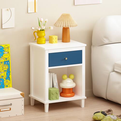 Angle. LUCKY ONE - 26.8" Assembled Wooden Nightstand 1-Drawer 1-Shelf - White+Navy.