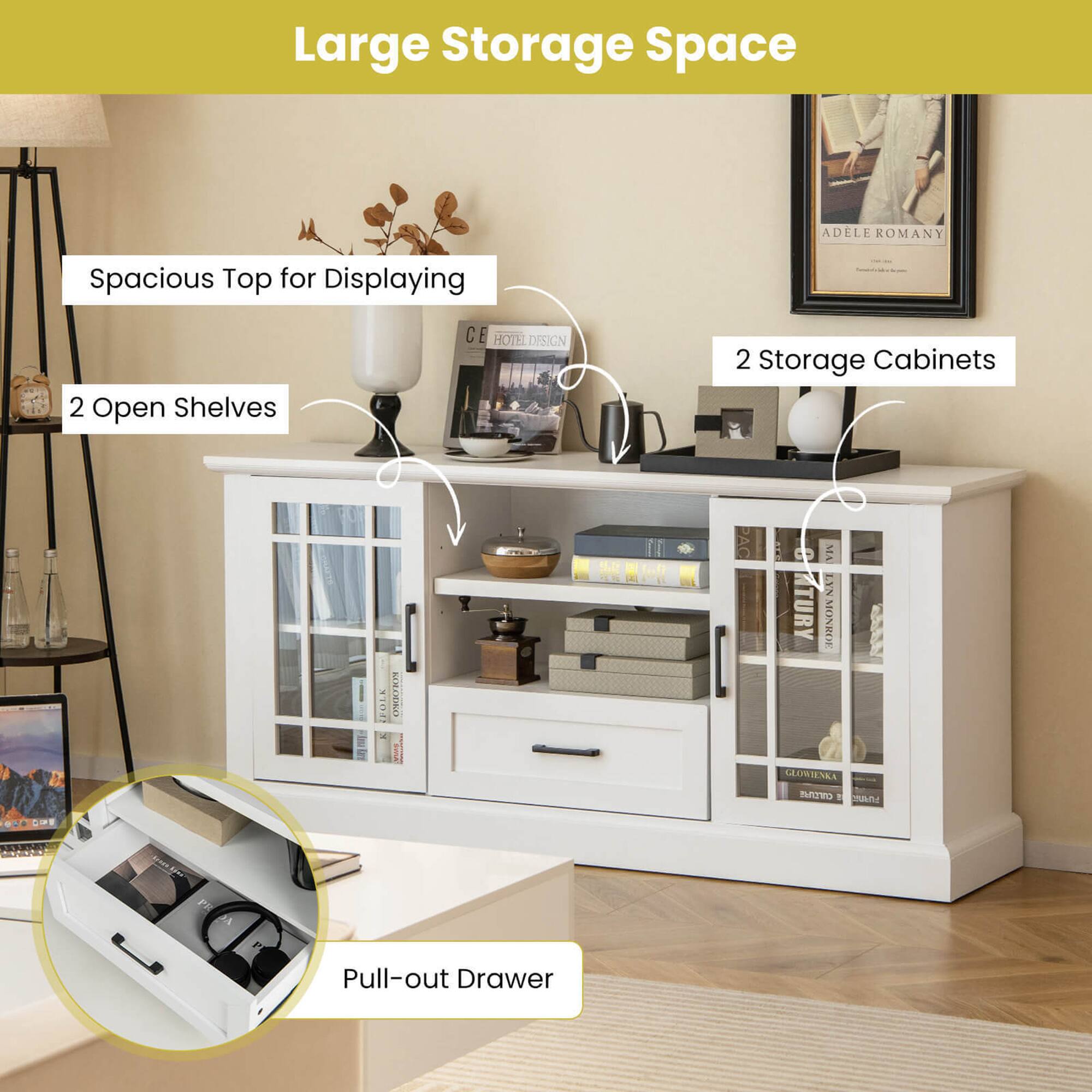 Large Storage Space, Spacious Top for Displaying, 2 Open Shelves, 2 Storage Cabinets, Pull-out Drawer