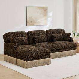 Anysun - Modern Fashion Style L-Shaped Chenille Leopard Print Sofa with Movable Ottoman & Tassel Edge, Easy Assembly, Deep Seat - Brown