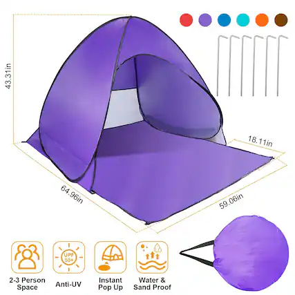 43.31in 18.11in 64.96in 59.06in UPF 50+ 2-3 Person Anti-UV Space Instant Water & Pop Up Sand Proof
