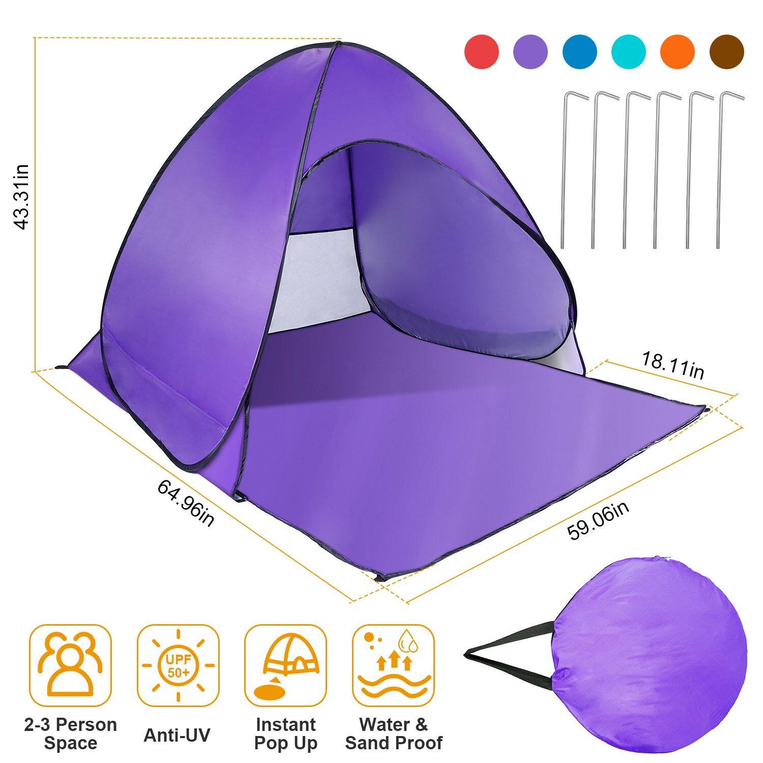Loheer - Pop Up Beach Tent Sun Shade Shelter Anti-UV Automatic Waterproof Canopy 2-3 Person - Purple