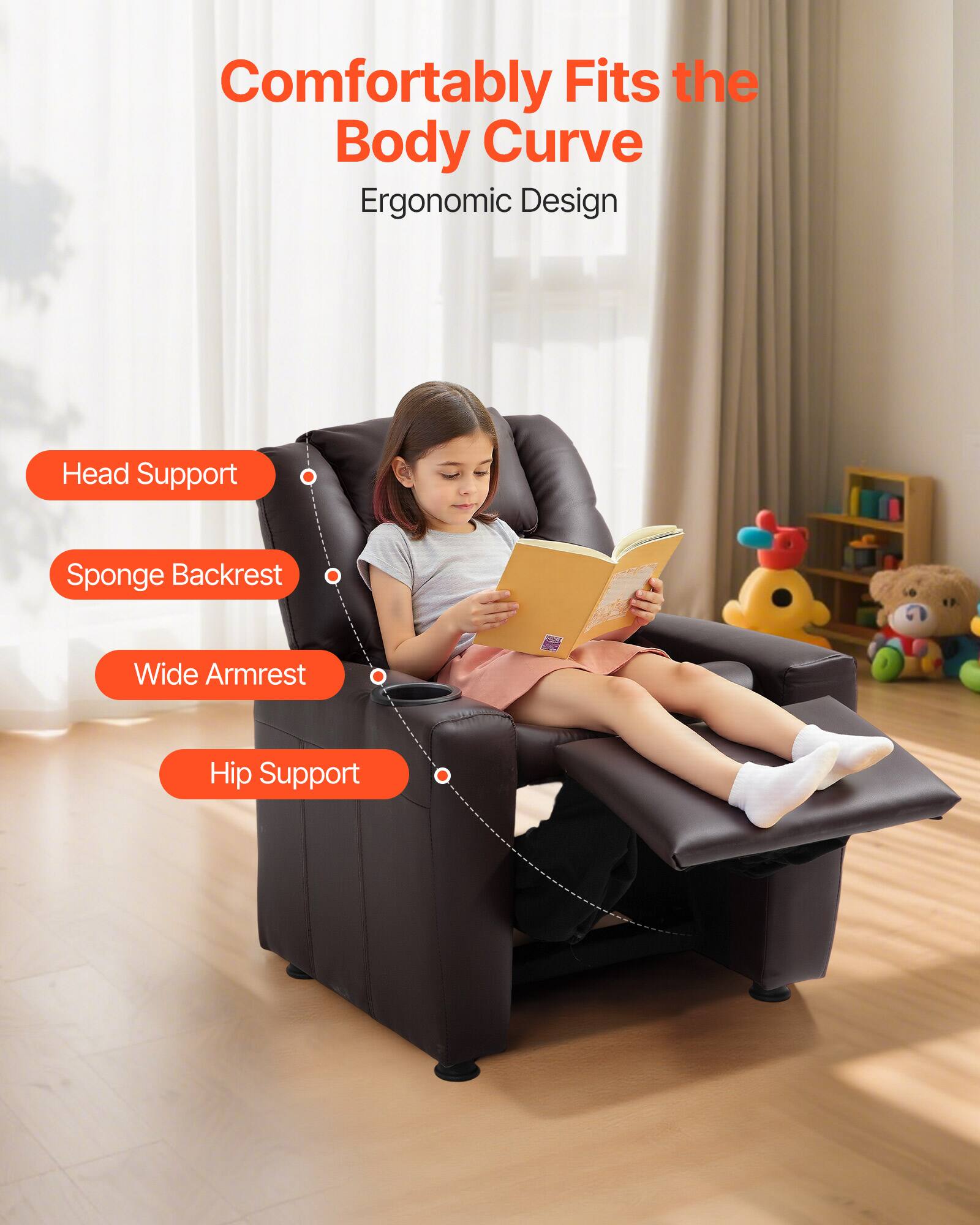 Comfortably Fits the Body Curve  
Ergonomic Design  

- Head Support  
- Sponge Backrest  
- Wide Armrest  
- Hip Support