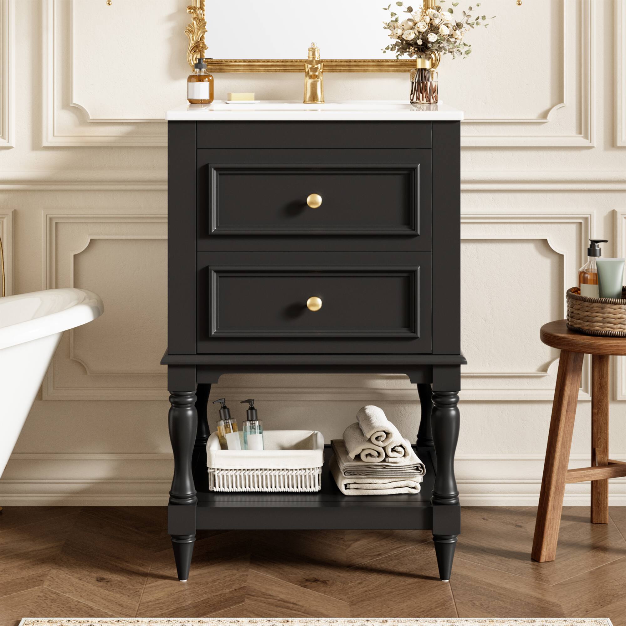Angle. Whisen - 20 Inch Retro Bathroom Vanity with Ceramic Sink 2-Drawer Storage Cabinet and Open Shelf for Home - Black.