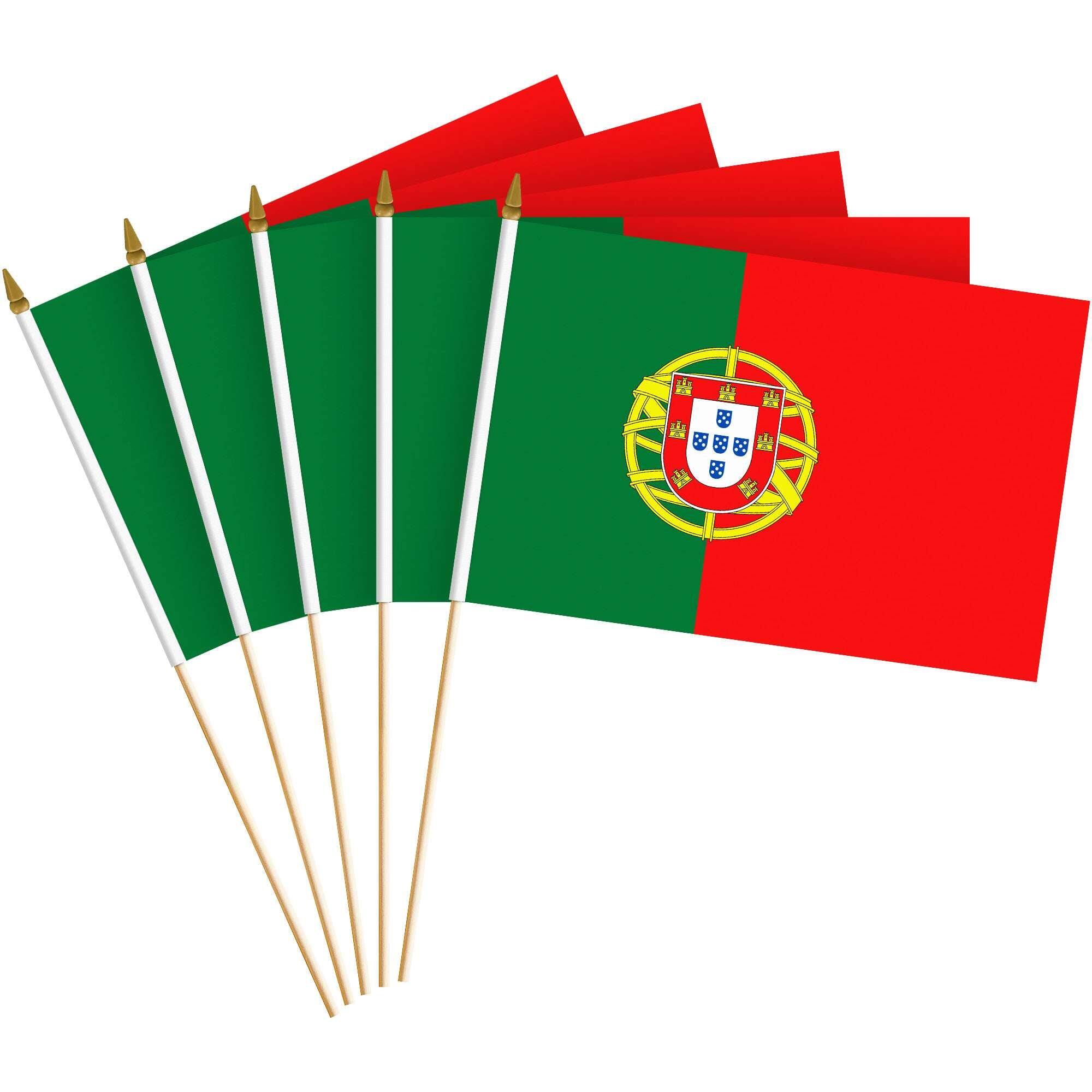 Front. G128 - Handheld Portugal Stick Flags 8x12 Inch Printed 150D Polyester 10 Pack - Green and Red.