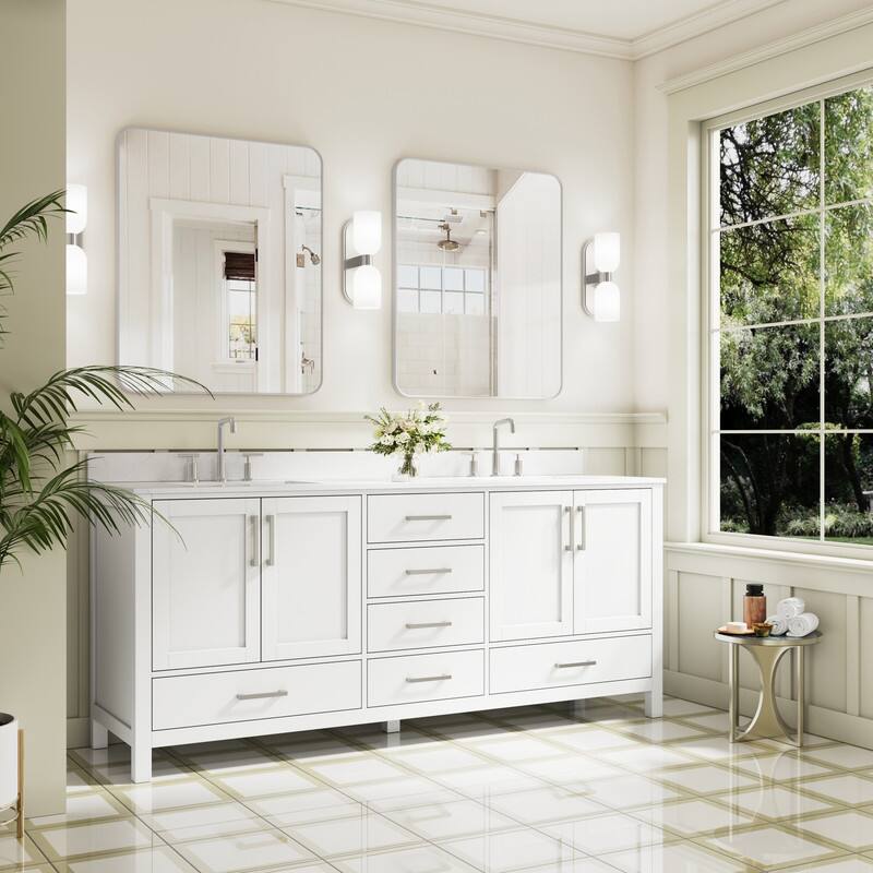 Angle. WELLFOR - 80 in Bathroom Vanity with Double Sink,Solid Wood Bathroom Cabinet with 4 Doors& 6 Drawers,Brushed Nickel Handle - White.