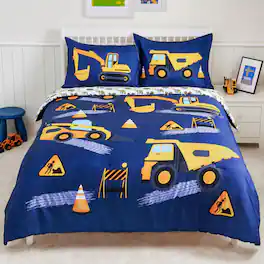 TECH SAFARI - Comforter Set 5 Piece Dinosaur Bedding For Super Soft Microfiber Bed In A Bag With Sheets Pillowcase Sham - Dark Blue Construction Vehicle Twin