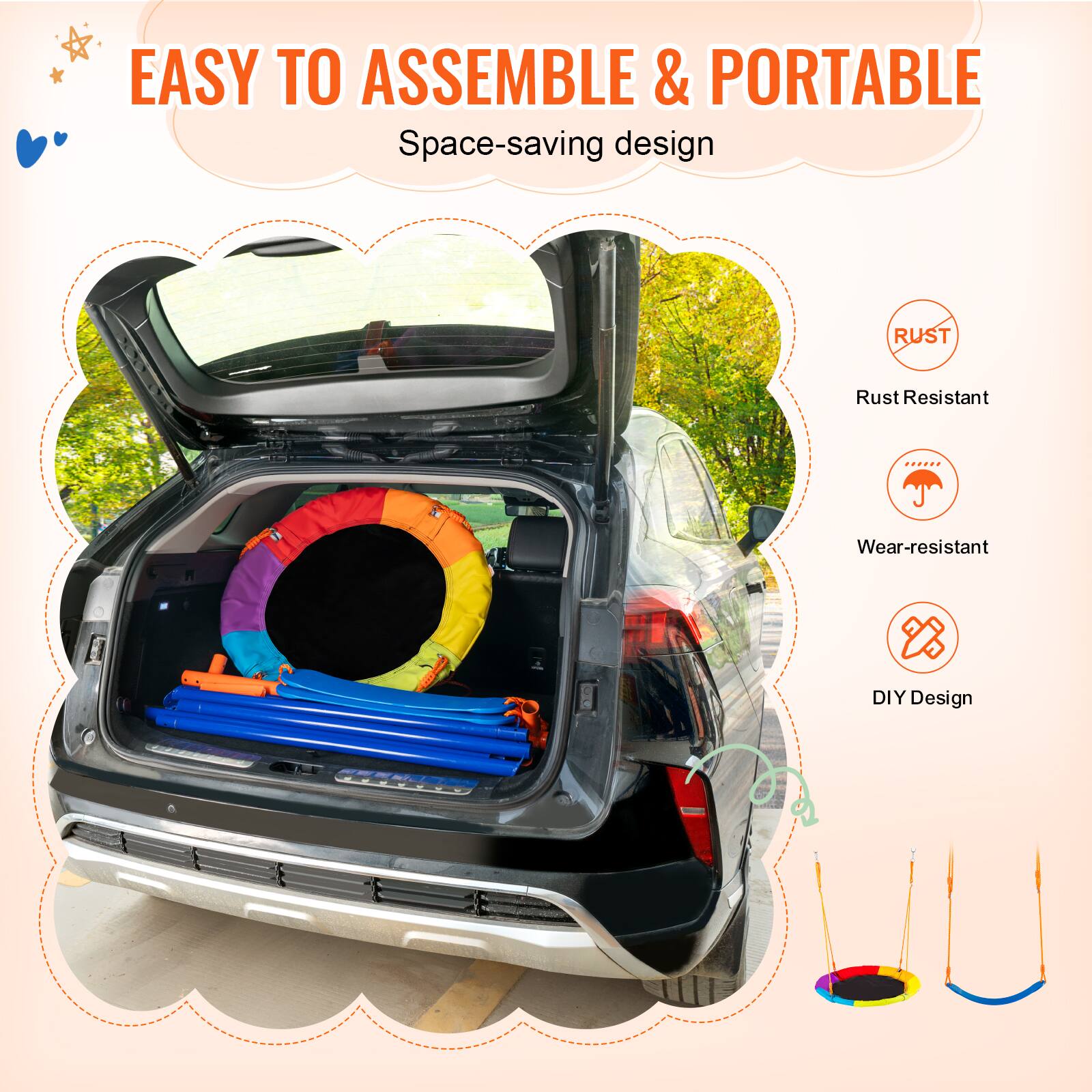 EASY TO ASSEMBLE & PORTABLE, Space-saving design, Rust Resistant, Wear-resistant, DIY Design