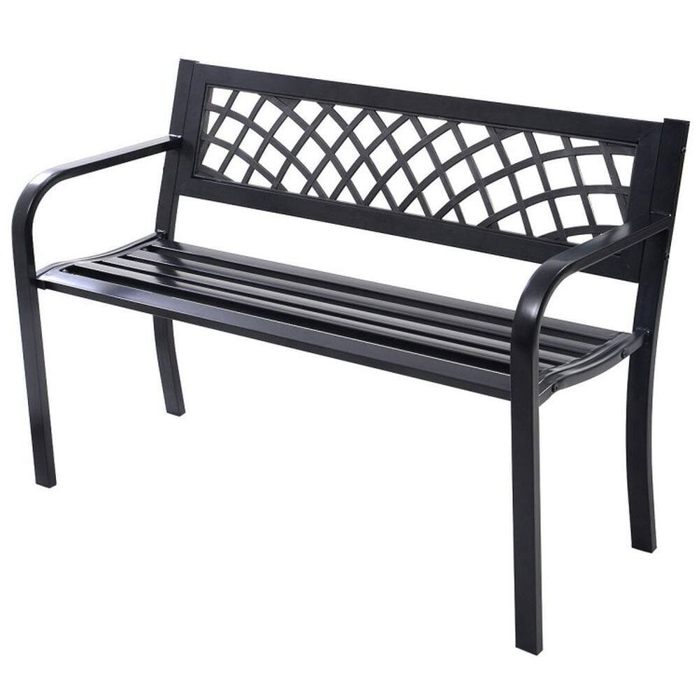 Alt View 4. Pefilos - Bench Deck with Comfortable Backrest, Patio Metal Slats Seat, Ergonomic Bench with Long-Lasting Steel Frame for Outdoor - Black.