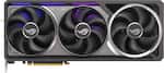 The image features a close-up of a computer component, specifically a graphics card, with a purple and black color scheme. The card is made by ASUS, a well-known computer hardware manufacturer. The card has a total of seven fans, which are essential for cooling the device and maintaining optimal performance. The fans are arranged in a way that ensures proper airflow and efficient heat dissipation.