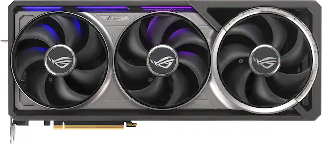 The image features a close-up of a computer component, specifically a graphics card, with a purple and black color scheme. The card is made by ASUS, a well-known computer hardware manufacturer. The card has a total of seven fans, which are essential for cooling the device and maintaining optimal performance. The fans are arranged in a way that ensures proper airflow and efficient heat dissipation.