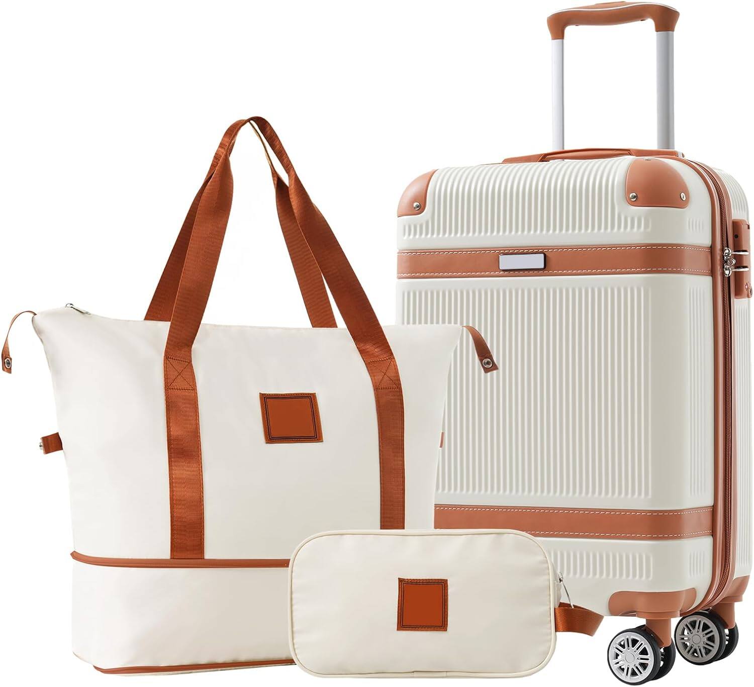 Alt View 4. MOOSOO - 20 INCH Hardshell Luggage Sets 3 Piece Carry-on Suitcase Double Spinner Wheels with TSA Lock for Men Women - White.